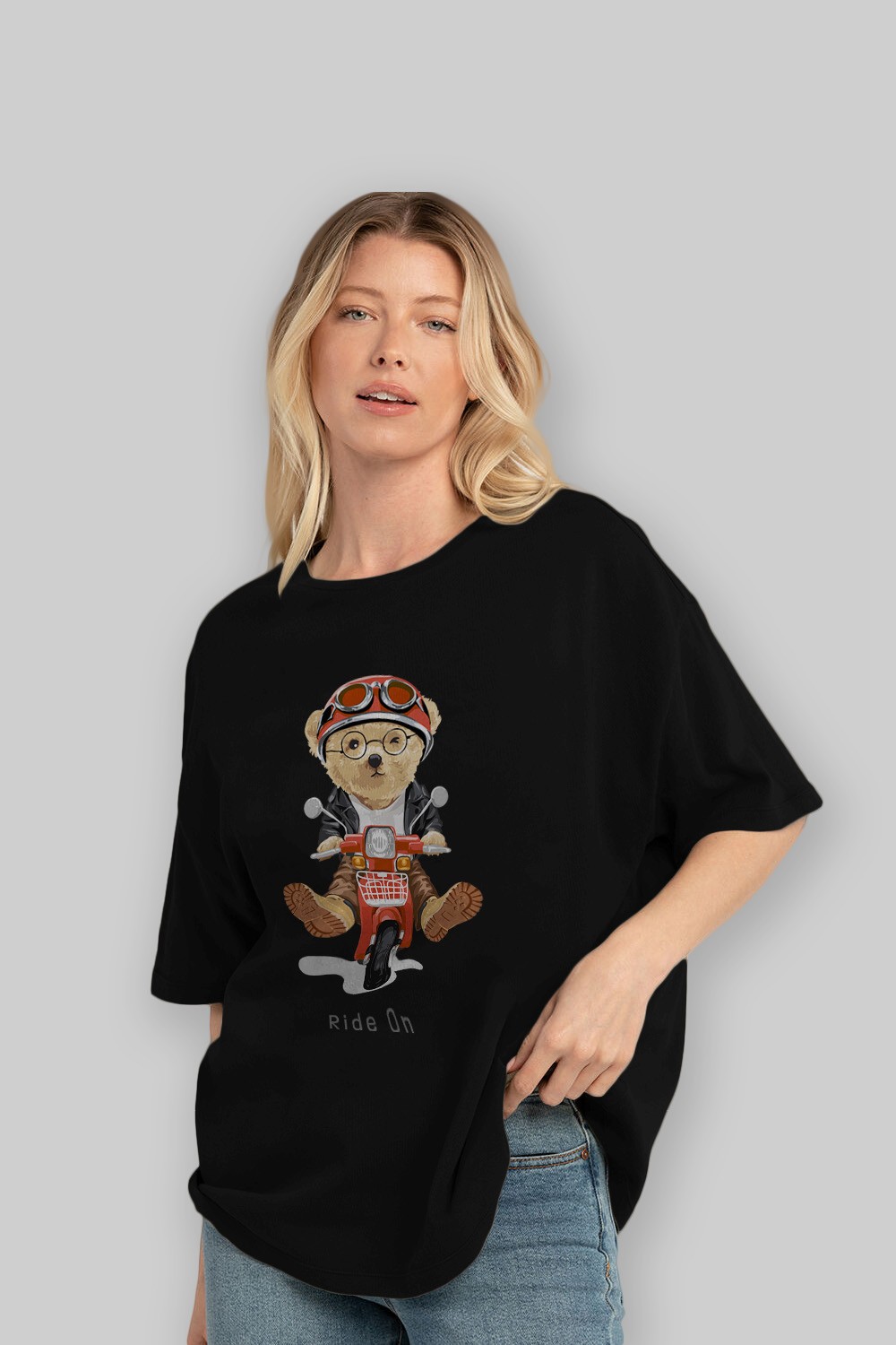 Teddy Bear Ride On Ön Baskılı Oversize t-shirt Erkek Kadın Unisex %100 Pamuk