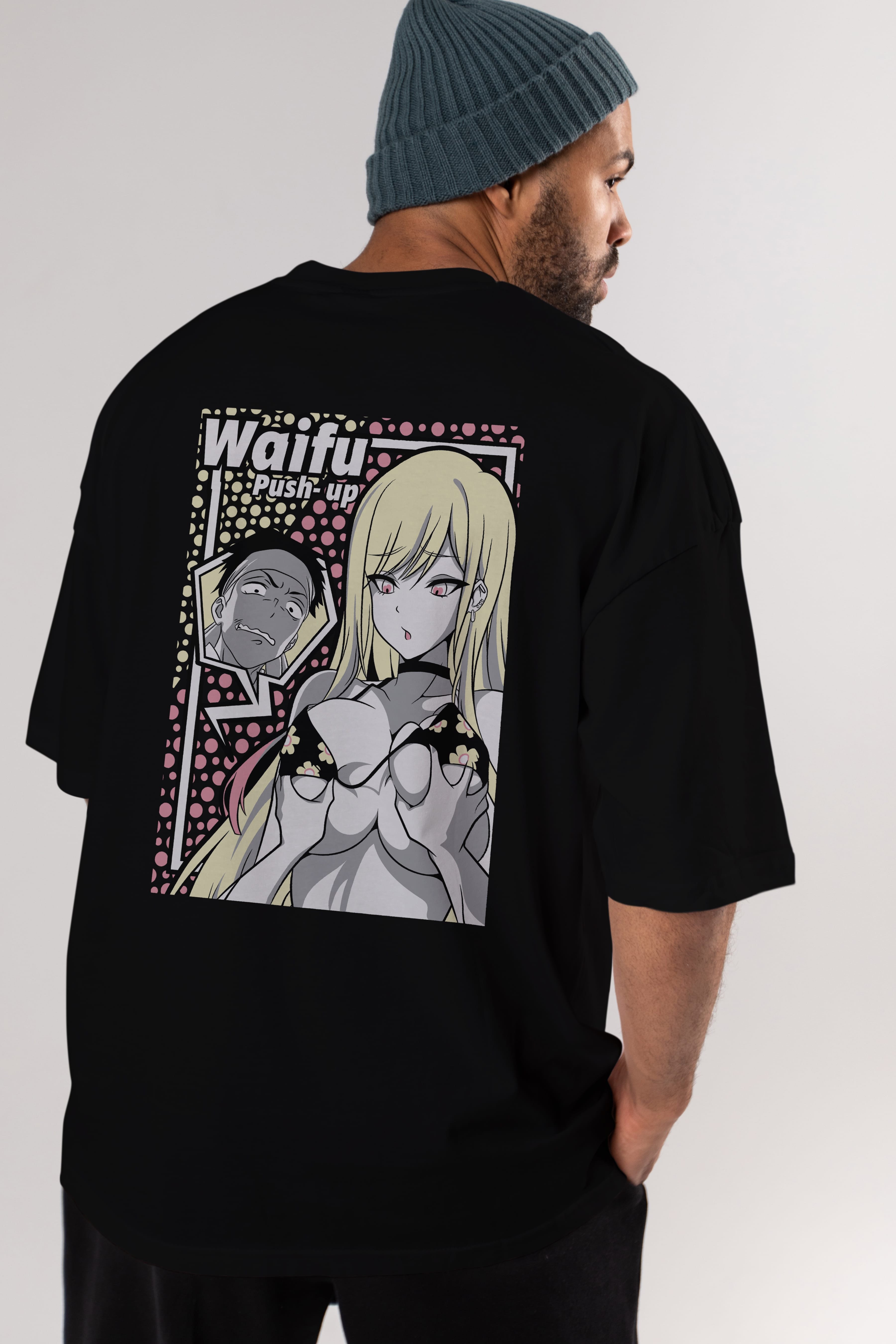 Waifu PushUp Anime Arka Baskılı Oversize t-shirt Erkek Kadın Unisex