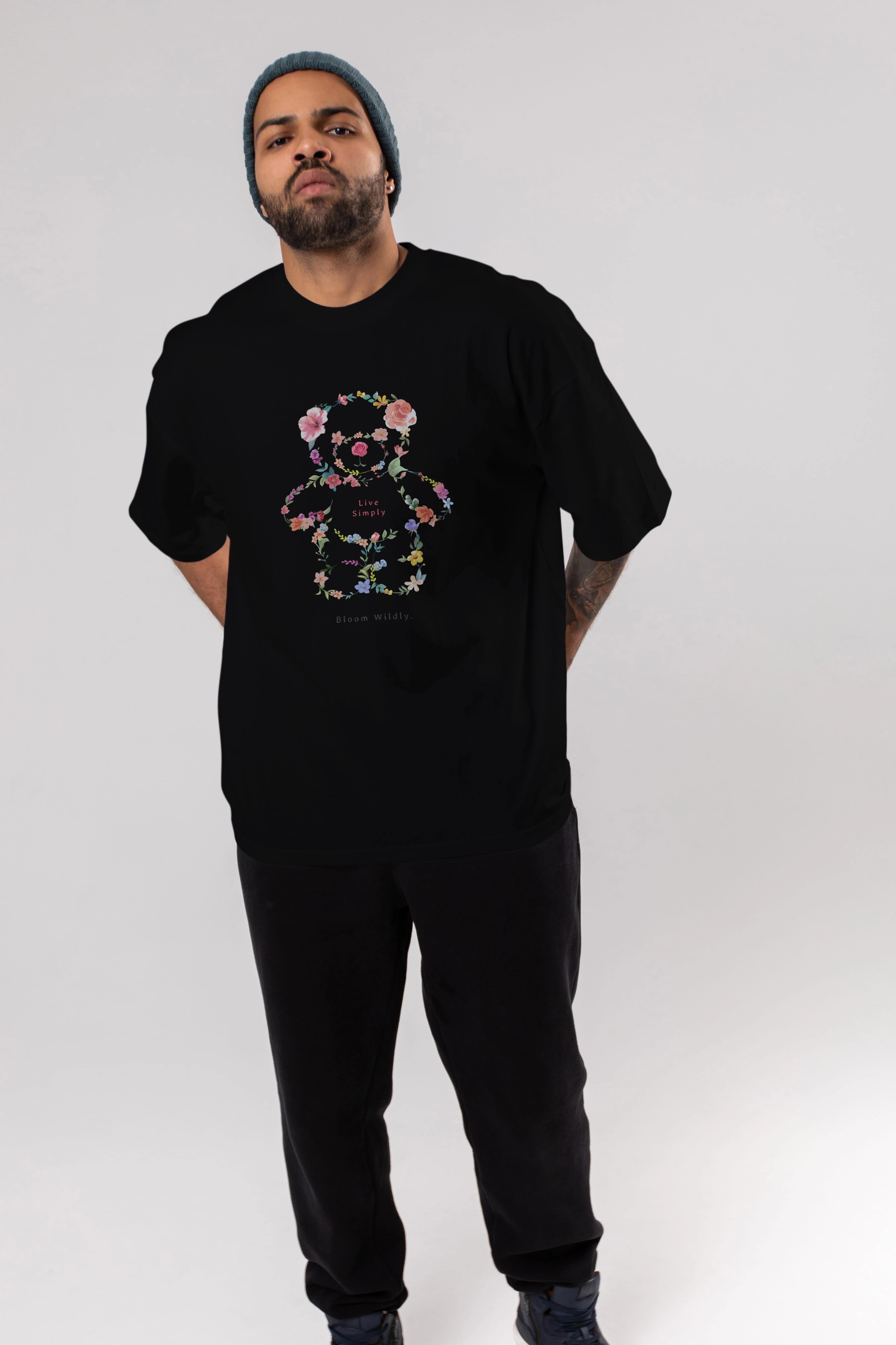 Teddy Bear Flowers Ön Baskılı Oversize t-shirt Erkek Kadın Unisex