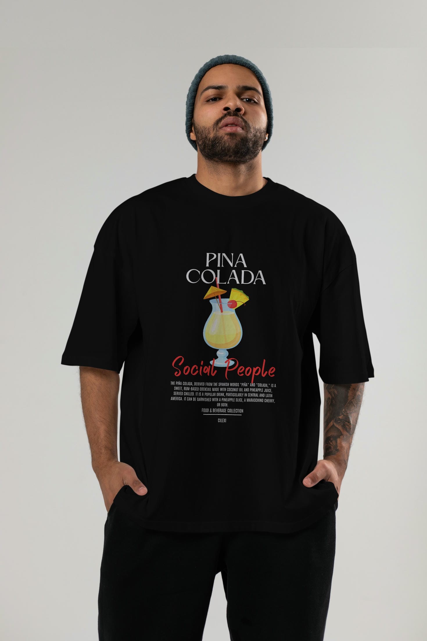 Pına Colada Kokteyl Serisi ön Baskılı Oversize t-shirt Erkek Kadın %100 Pamuk Bisiklet Yaka tişort