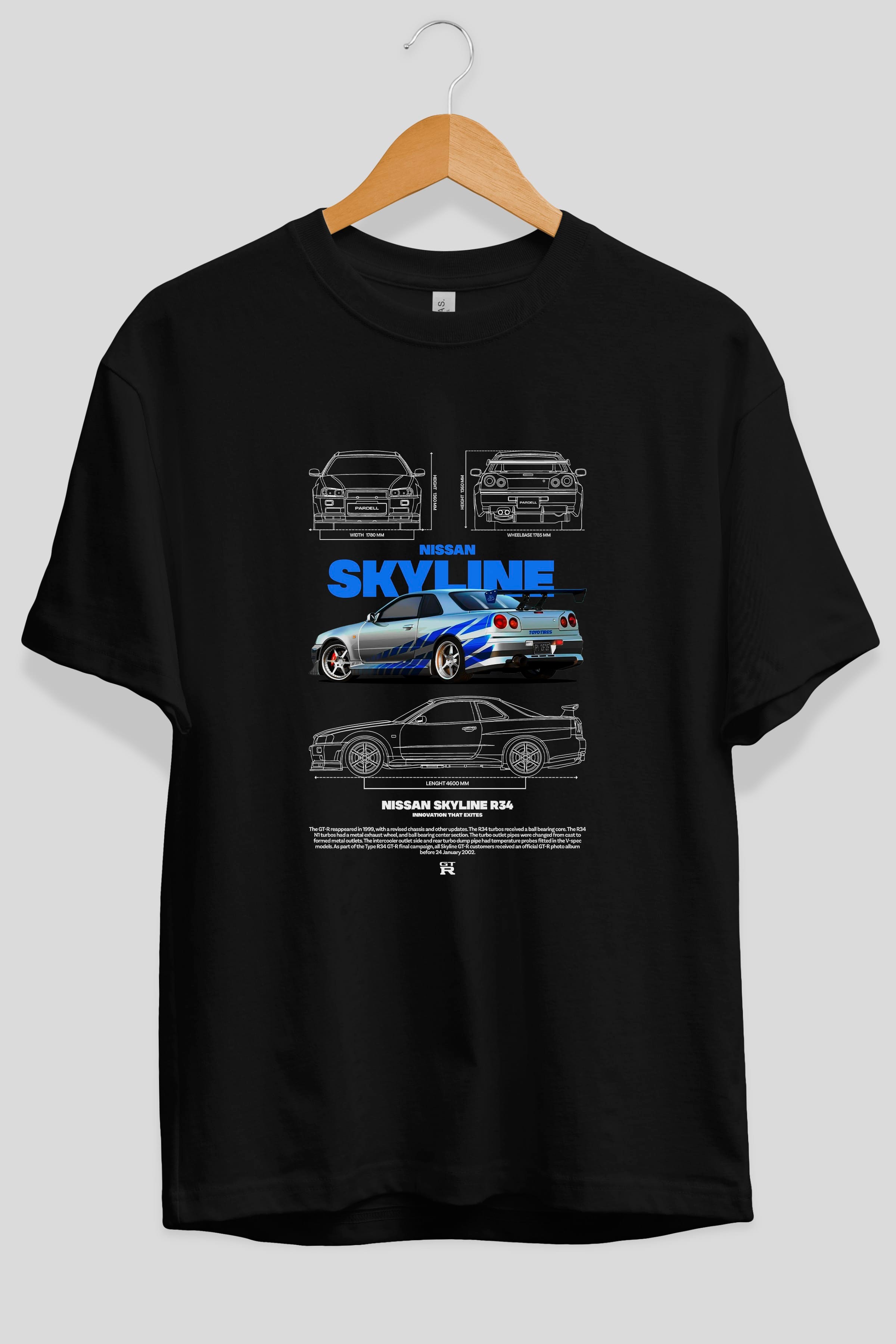 Nissan SKYLINE 34 FAST AND FURIOUS Ön Baskılı Oversize t-shirt Erkek Kadın Unisex %100 Pamuk Bisiklet Yaka tişort