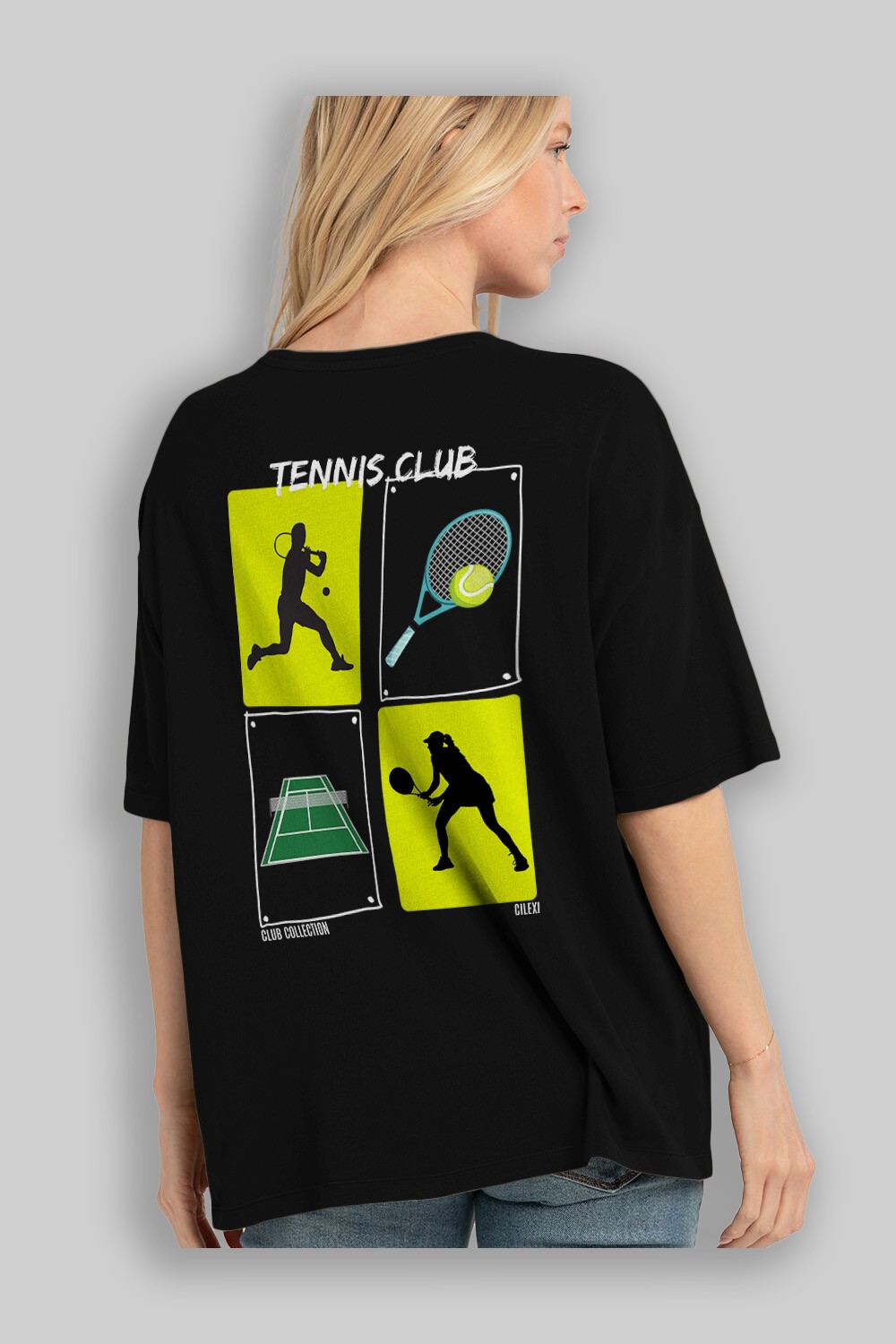 Tennis Club Arka Baskılı Oversize t-shirt Erkek Kadın %100 Pamuk Bisiklet Yaka tişort