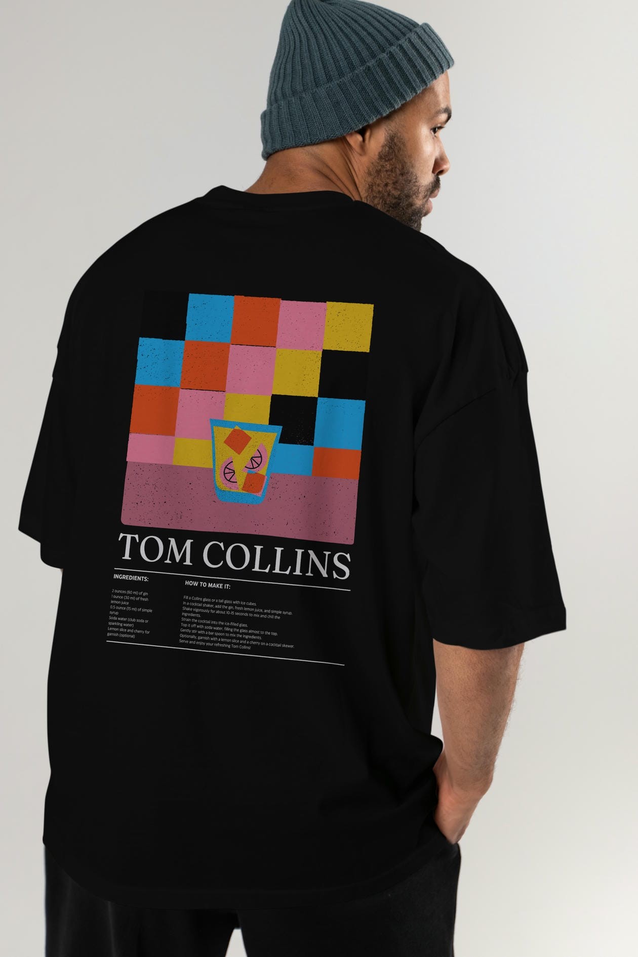 Tom Collins Kokteyl Serisi Arka Baskılı Oversize t-shirt Erkek Kadın %100 Pamuk Bisiklet Yaka tişort
