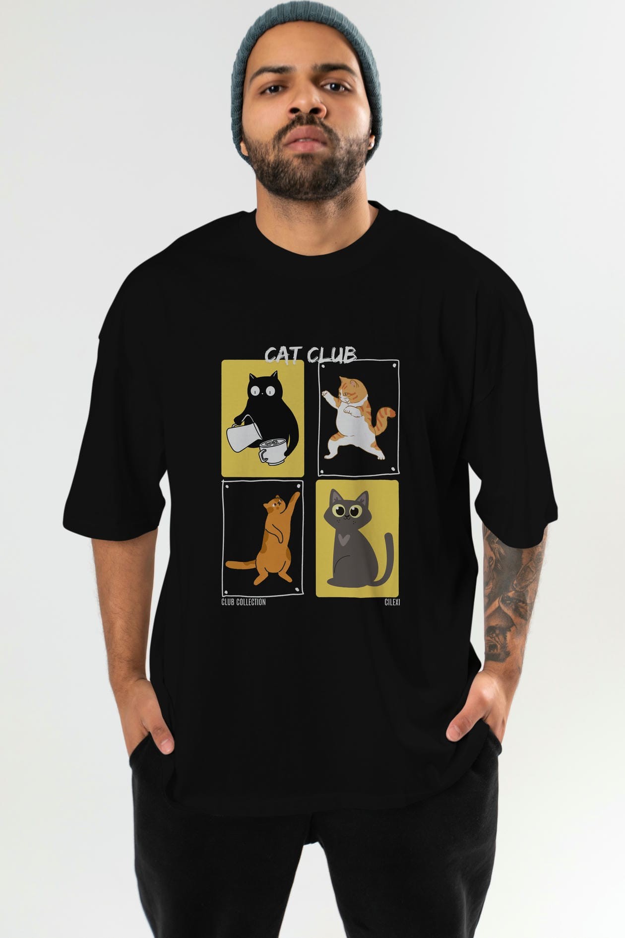 Cat Club ön Baskılı Oversize t-shirt Erkek Kadın %100 Pamuk Bisiklet Yaka tişort