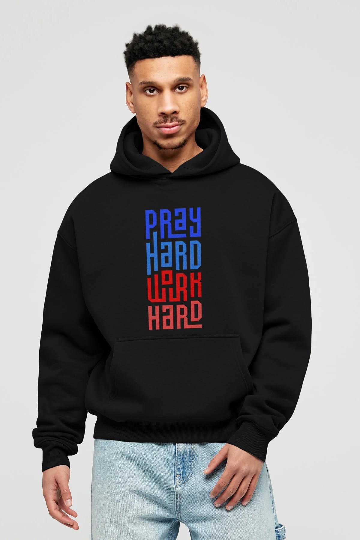 Pray Hard Work Hard Yazılı Ön Baskılı Oversize Hoodie Kapüşonlu Sweatshirt Erkek Kadın Unisex