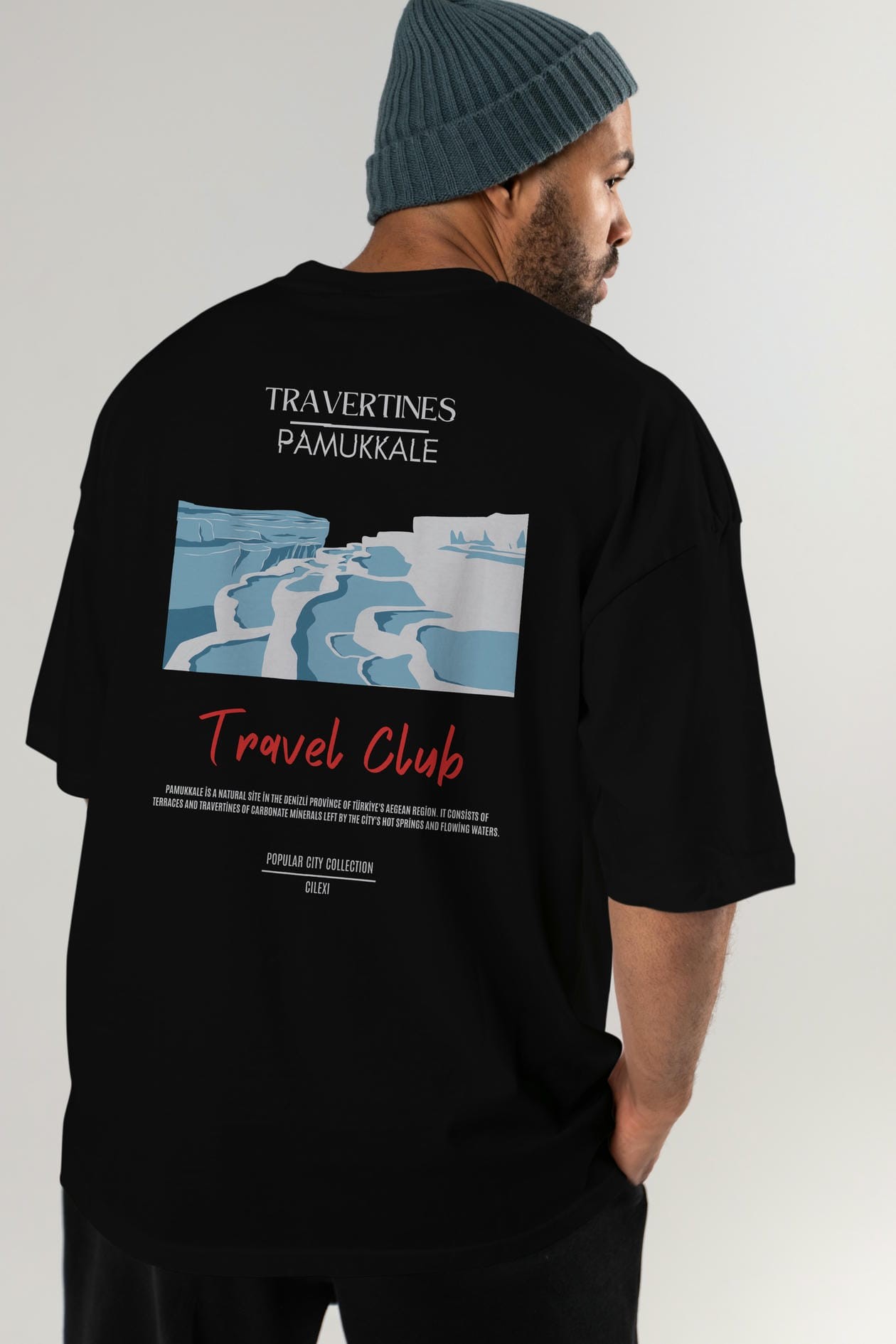 Travertines Pamukkale Arka Baskılı Oversize t-shirt Erkek Kadın Pamuk Bisiklet Yaka tişort