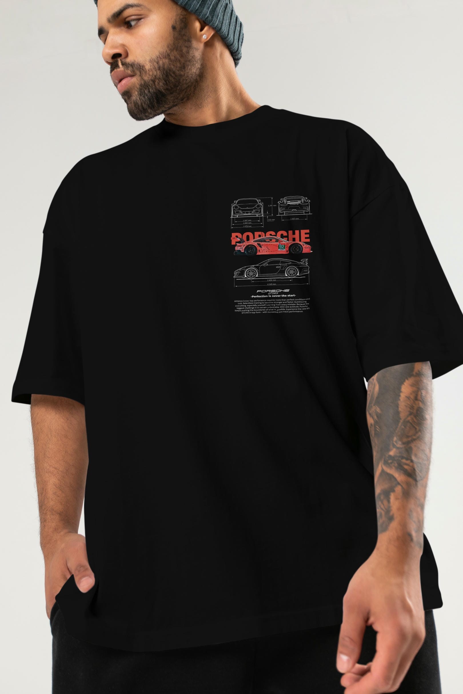 PORSCHE 911 GT3 RS ROSA BLANCO Ön Sol Baskılı Oversize t-shirt Erkek Kadın Unisex %100 Pamuk Bisiklet Yaka tişort