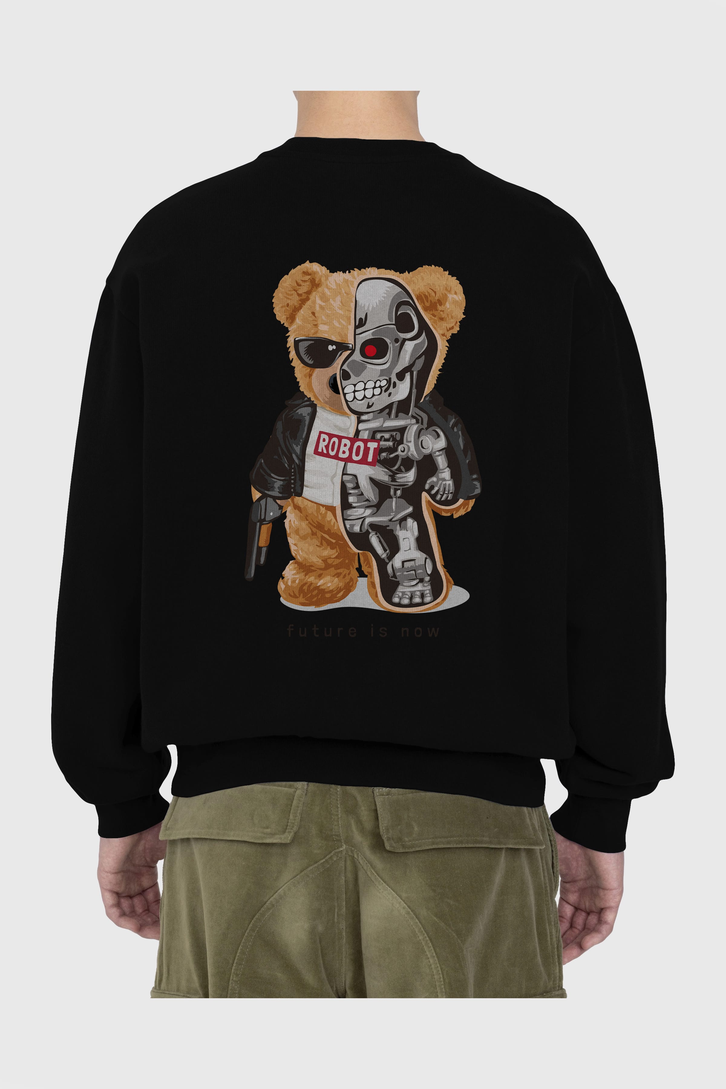 Teddy Bear Robot Arka Baskılı Oversize Sweatshirt Erkek Kadın Unisex