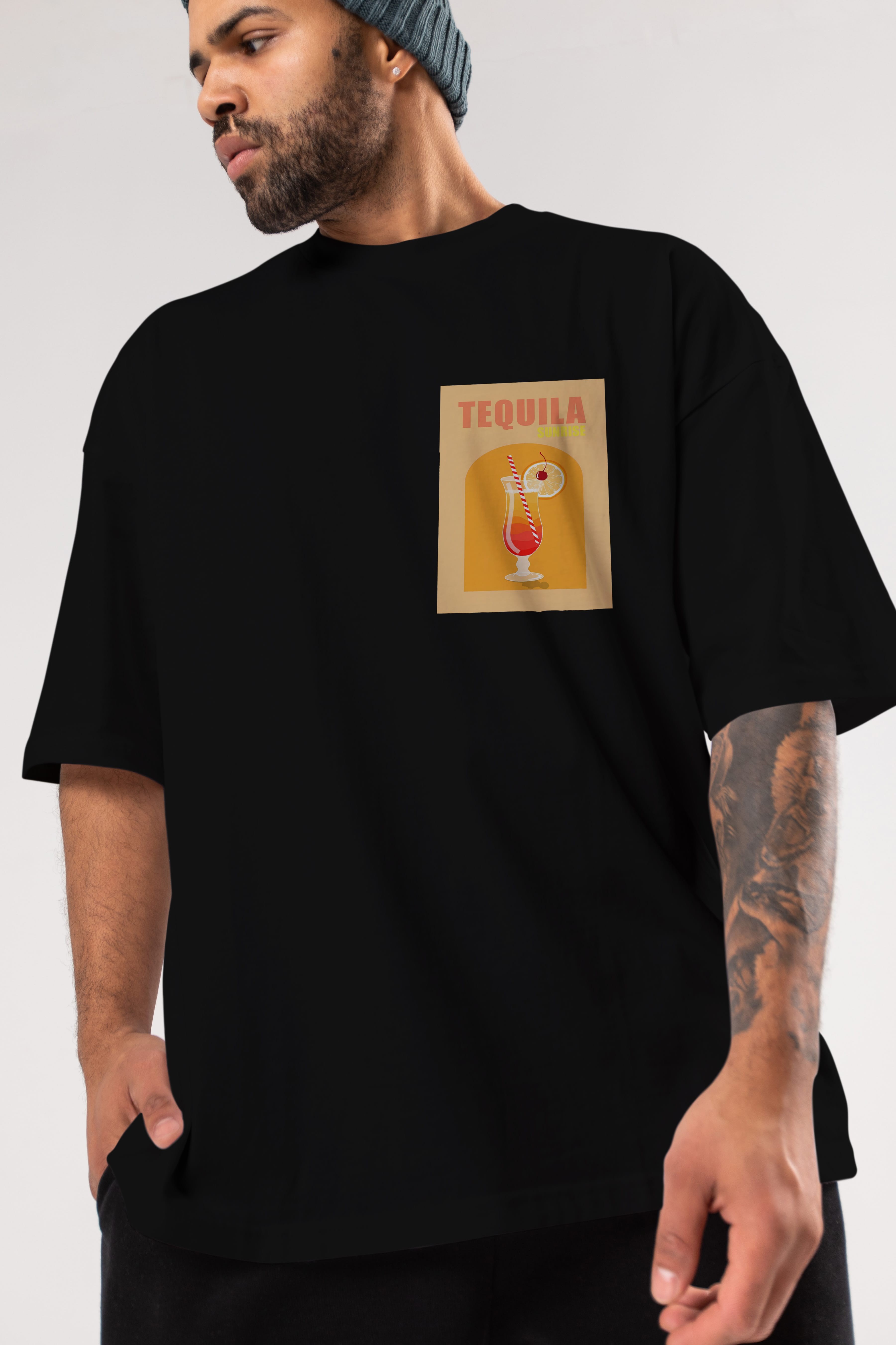 Tequila Sunrise Ön Sol Baskılı Oversize t-shirt Erkek Kadın Unisex %100 Pamuk Bisiklet Yaka tişort