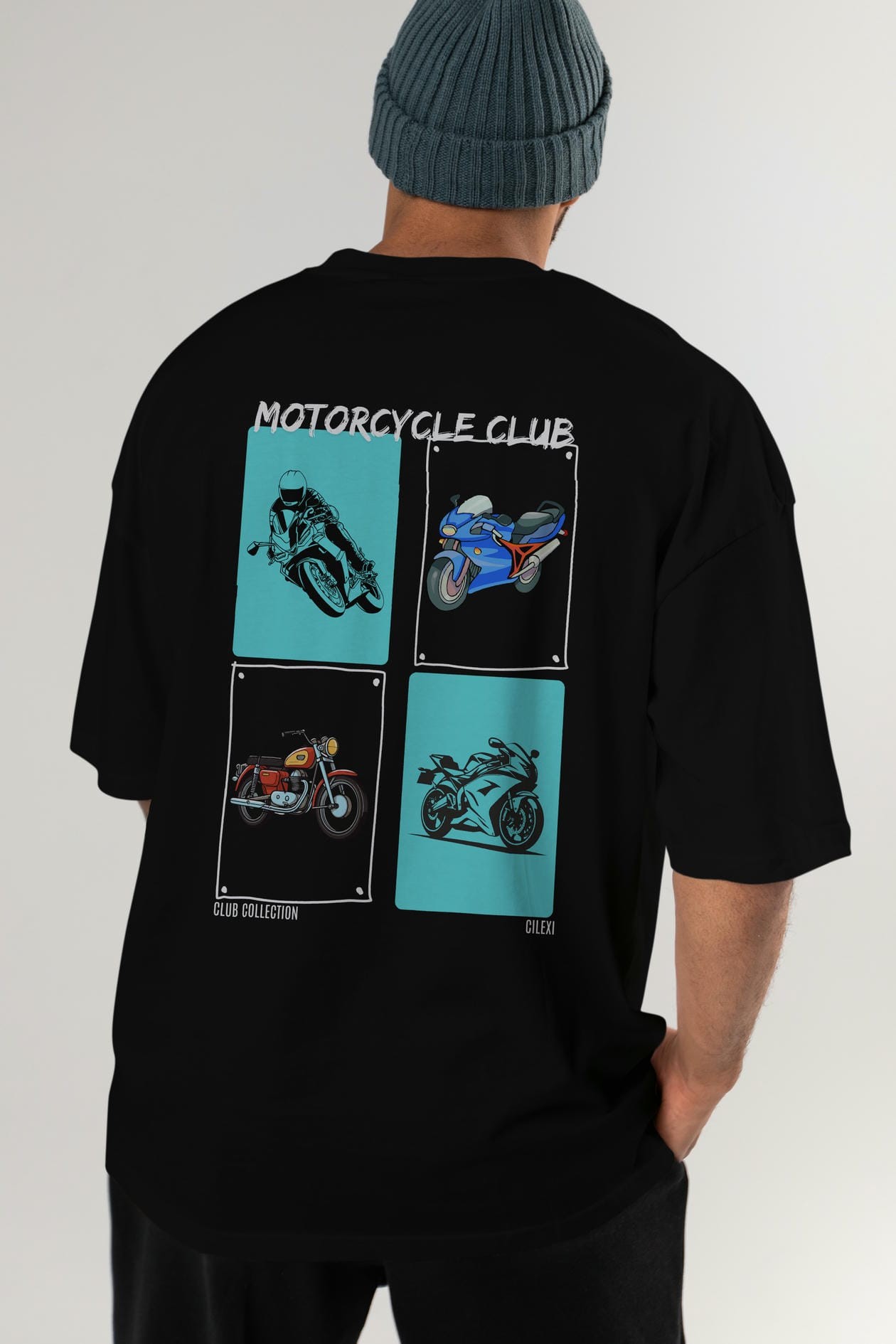 Motorcycle Club Arka Baskılı Oversize t-shirt Erkek Kadın %100 Pamuk Bisiklet Yaka tişort