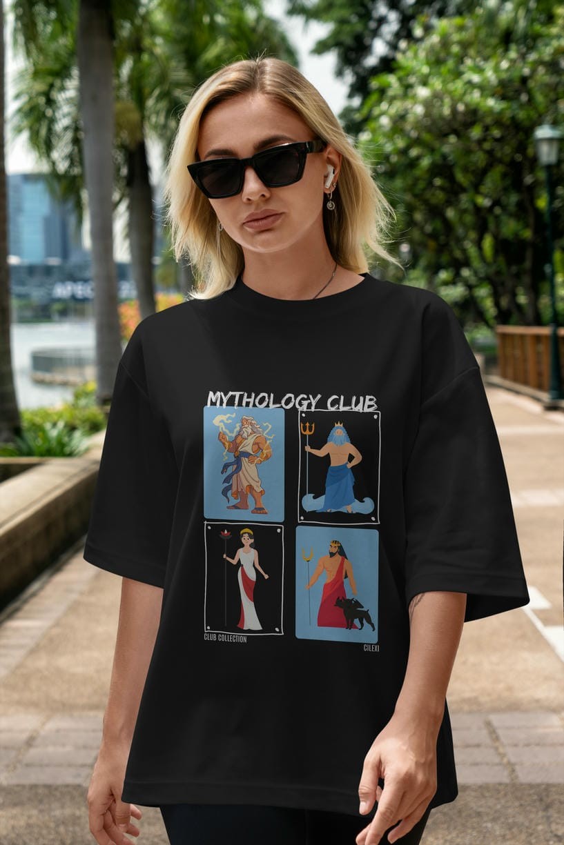 Mythology Club 2 ön Baskılı Oversize t-shirt Erkek Kadın %100 Pamuk Bisiklet Yaka tişort