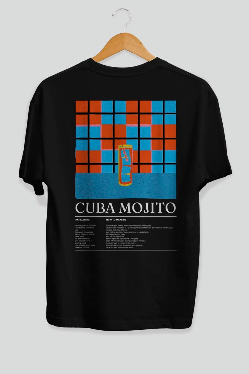 Cuba Mojıto Kokteyl Serisi Arka Baskılı Oversize t-shirt Erkek Kadın %100 Pamuk Bisiklet Yaka tişort