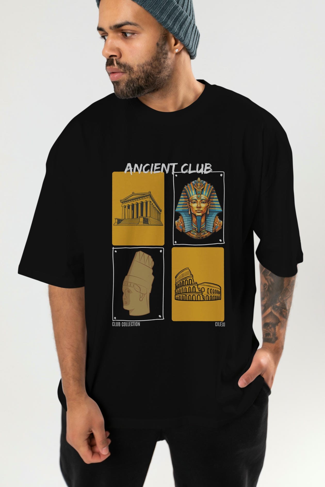 Ancient Club ön Baskılı Oversize t-shirt Erkek Kadın %100 Pamuk Bisiklet Yaka tişort