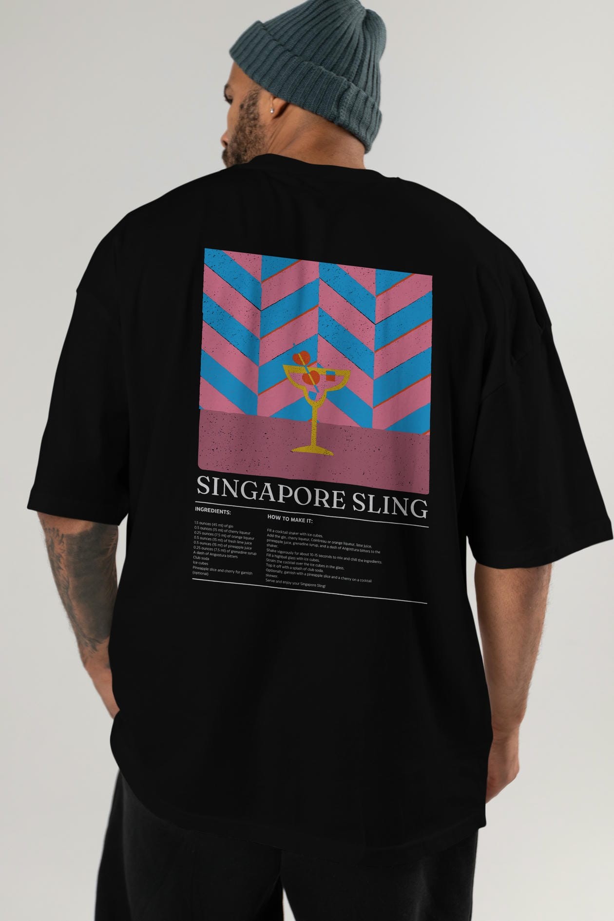 Singapore Sling Kokteyl Serisi Arka Baskılı Oversize t-shirt Erkek Kadın %100 Pamuk Bisiklet Yaka tişort
