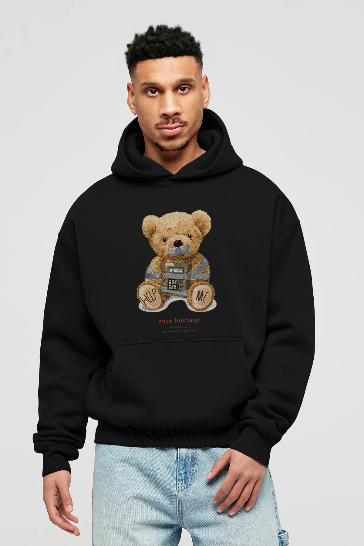 Teddy Bear Help Me Ön Baskılı Hoodie Oversize Kapüşonlu Sweatshirt Erkek Kadın Unisex