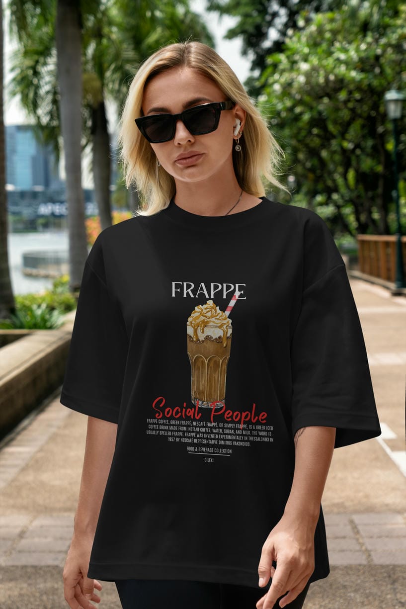 Frappe Kokteyl Serisi ön Baskılı Oversize t-shirt Erkek Kadın %100 Pamuk Bisiklet Yaka tişort