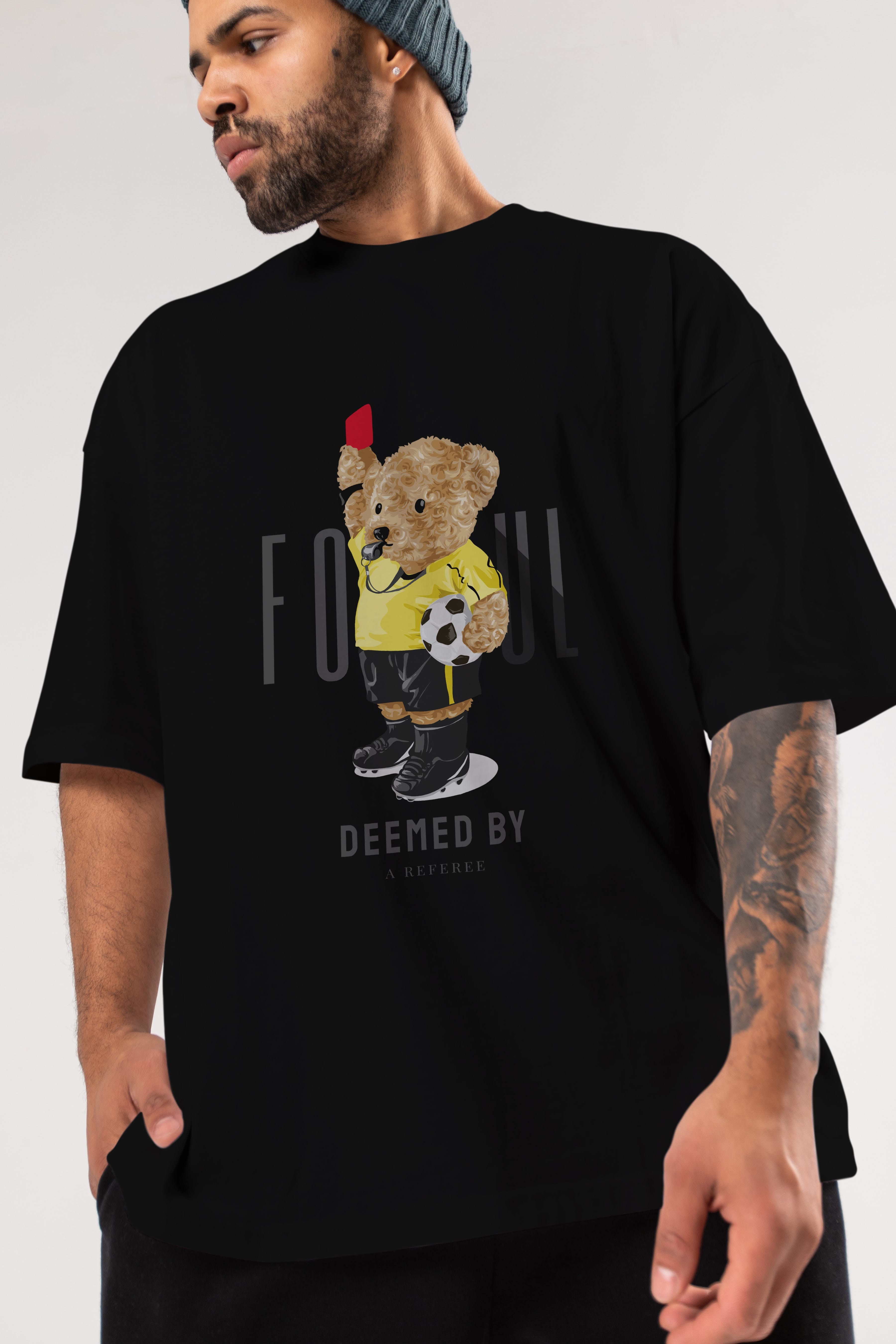 Teddy Bear Kırmızı Kart Ön Baskılı Oversize t-shirt Erkek Kadın Unisex %100 Pamuk