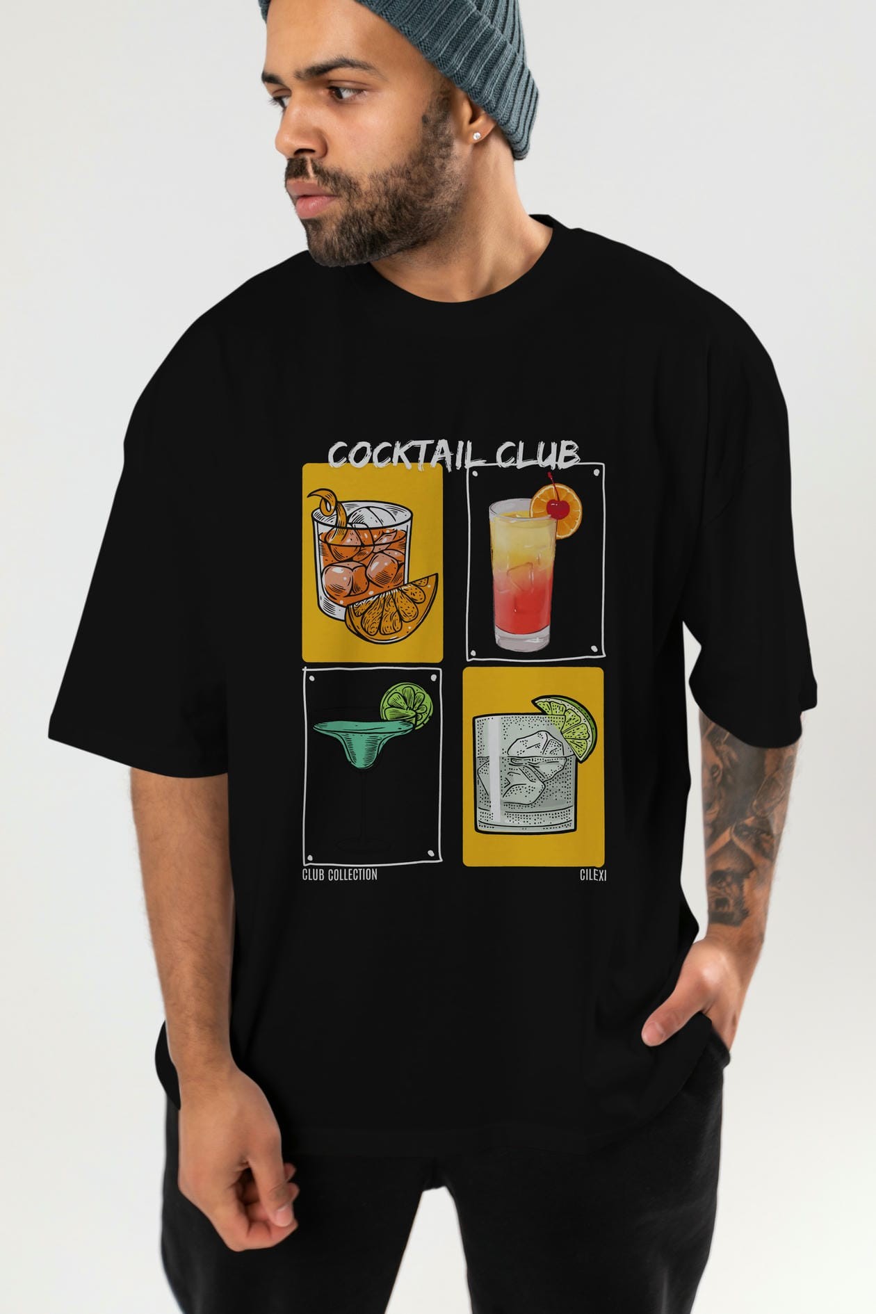 Cocktail Club ön Baskılı Oversize t-shirt Erkek Kadın %100 Pamuk Bisiklet Yaka tişort