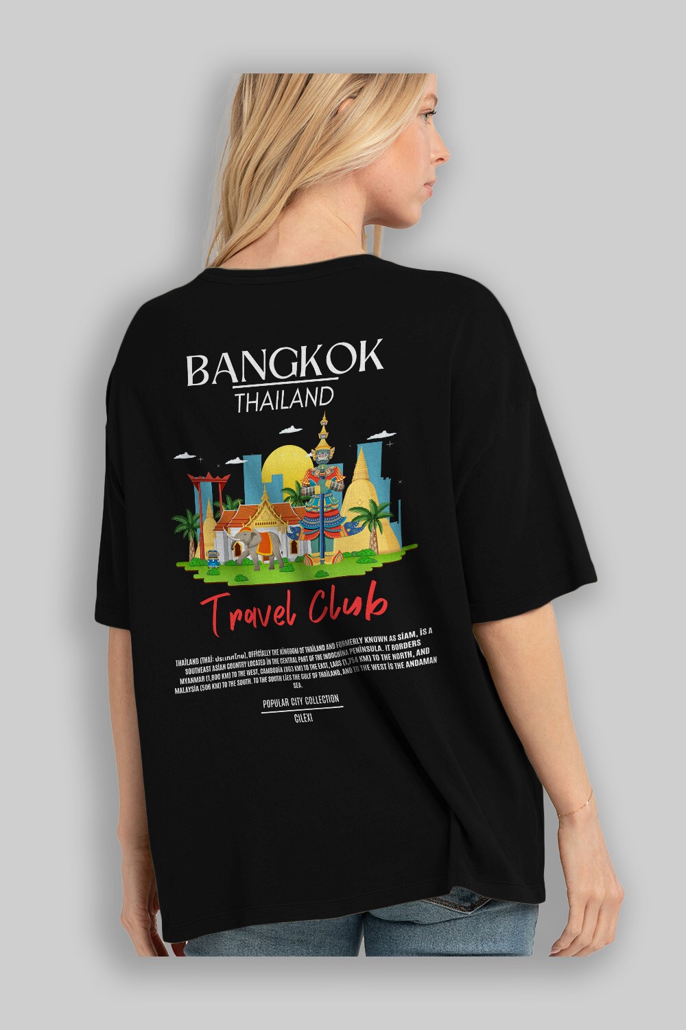 Bangkok Tailand Arka Baskılı Oversize t-shirt Erkek Kadın Pamuk Bisiklet Yaka tişort