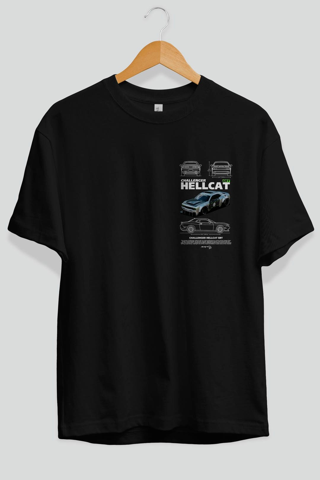 Challenger Hellcat SRT Ön Sol Baskılı Oversize t-shirt Erkek Kadın Unisex %100 Pamuk Bisiklet Yaka tişort
