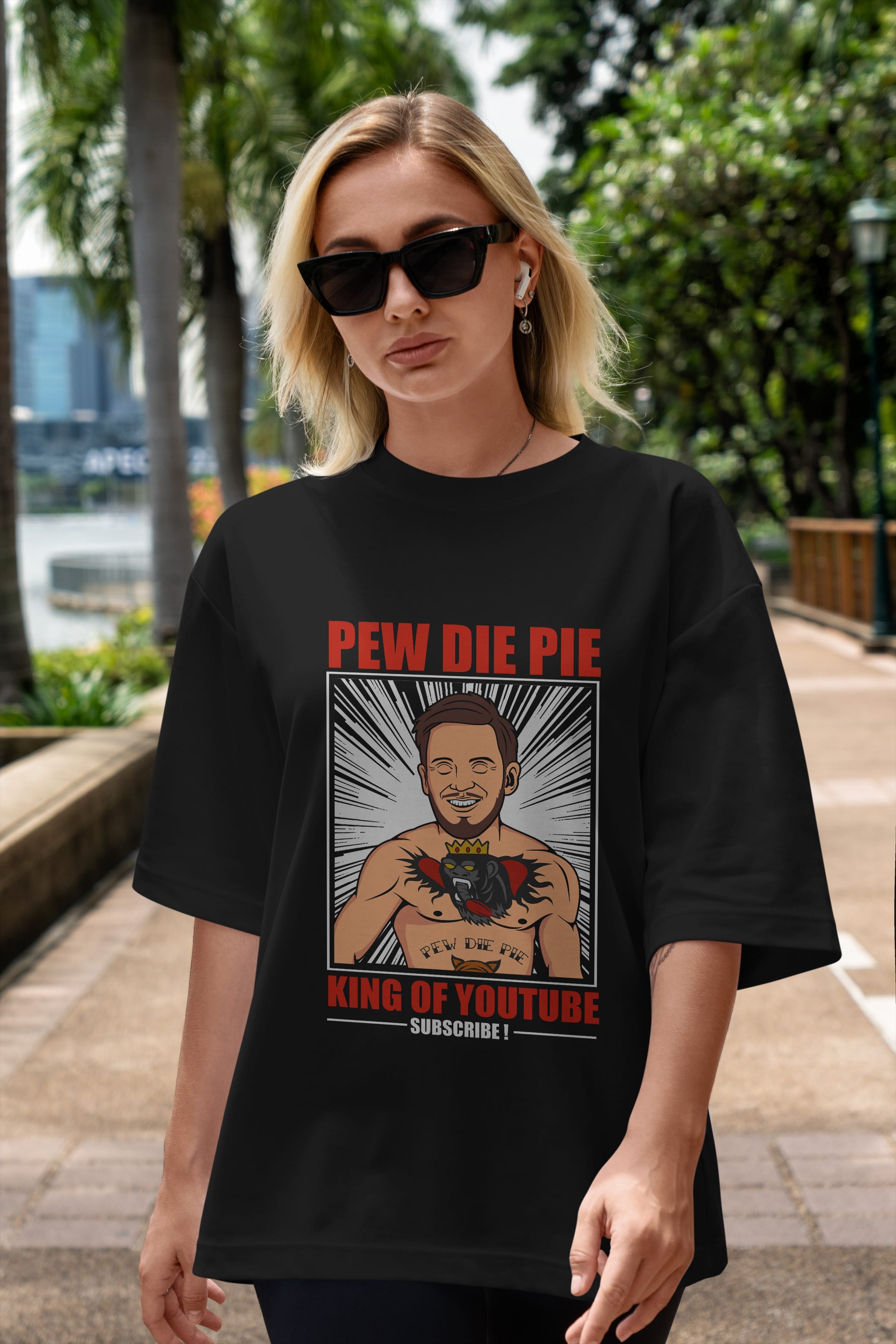 Pew Die Pie Fighter Ön Baskılı Oversize t-shirt Erkek Kadın Unisex %100 Pamuk tişort