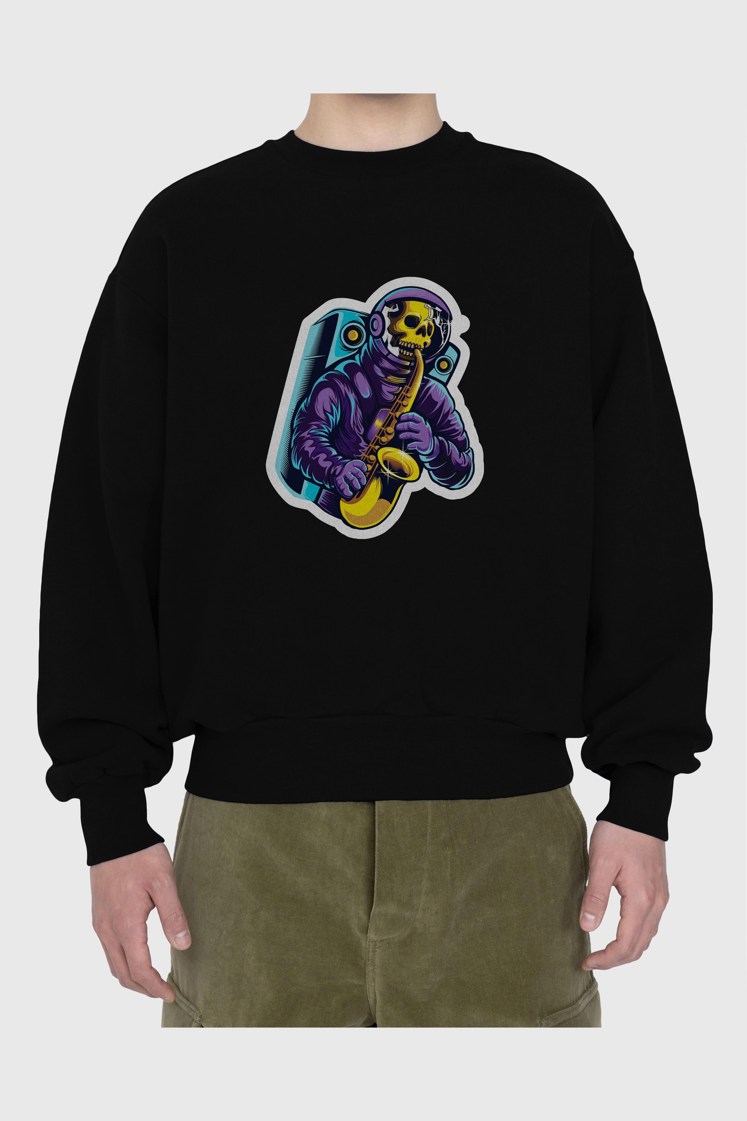 Astroskull Saxophonist Sticker Ön Baskılı Oversize Sweatshirt Erkek Kadın Unisex