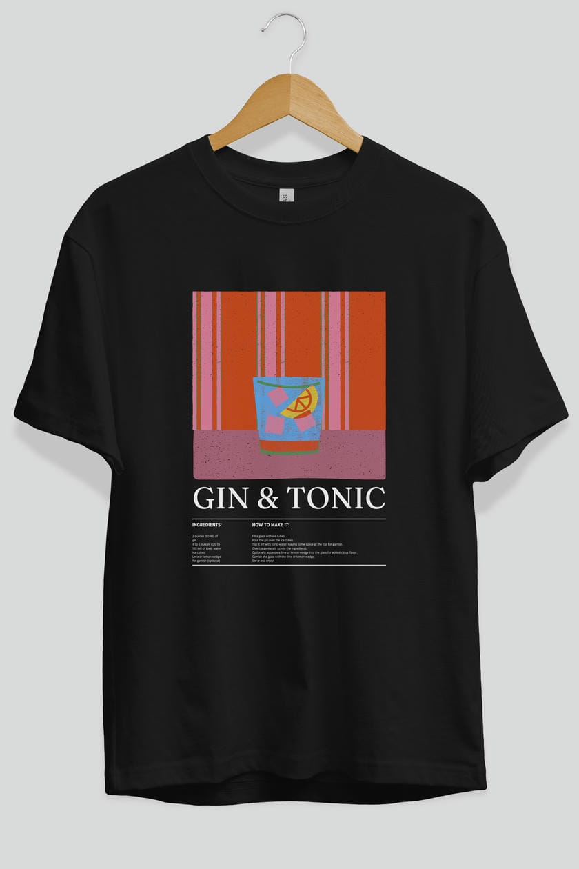 Gin tonic Kokteyl Ön Baskılı Oversize t-shirt Erkek Kadın %100 Pamuk Bisiklet Yaka tişort