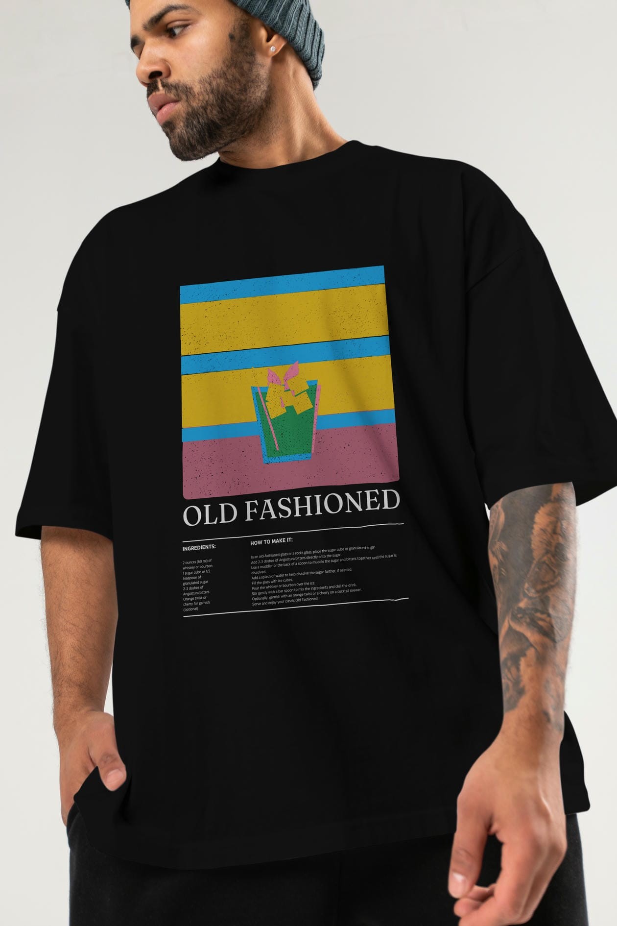 Old Fashioned Kokteyl Ön Baskılı Oversize t-shirt Erkek Kadın %100 Pamuk Bisiklet Yaka tişort
