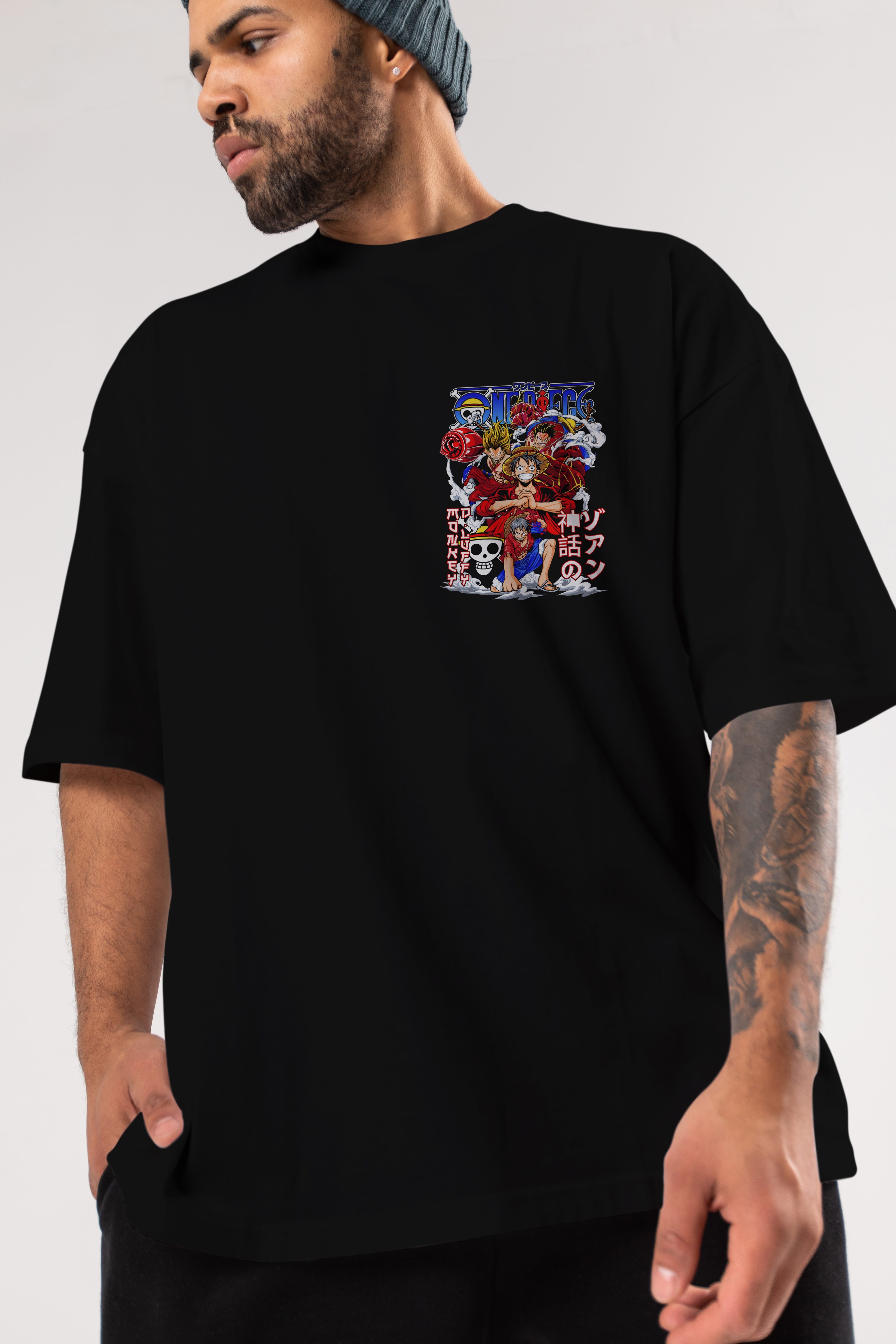 MONKEY D. LUFF-ONE PIECE 2 Ön Sol Baskılı Oversize t-shirt Erkek Kadın Unisex %100 Pamuk Bisiklet Yaka tişort