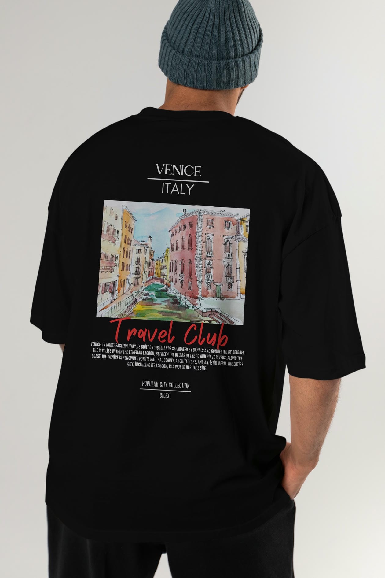 Venice İtaly Arka Baskılı Oversize t-shirt Erkek Kadın Pamuk Bisiklet Yaka tişort
