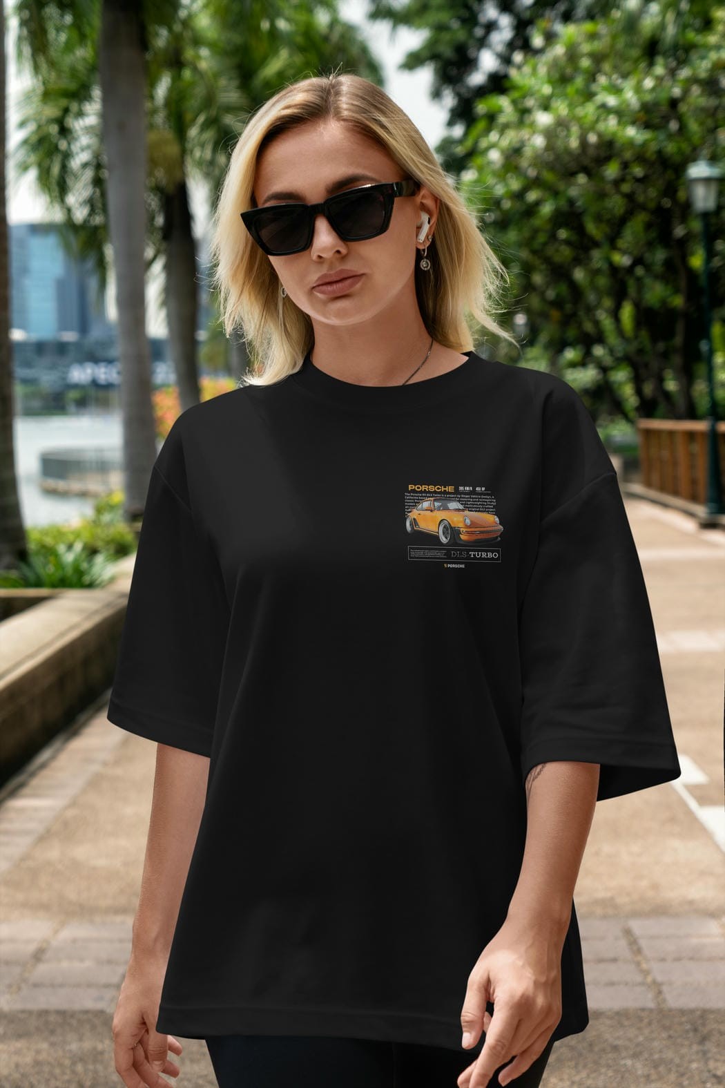 PORSCHE DLS-TURBO Ön Sol Baskılı Oversize t-shirt Erkek Kadın Unisex %100 Pamuk Bisiklet Yaka tişort