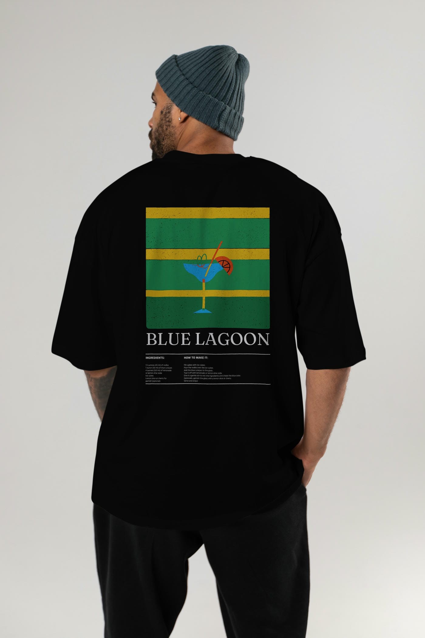 Blue Lagoon Kokteyl Serisi Arka Baskılı Oversize t-shirt Erkek Kadın %100 Pamuk Bisiklet Yaka tişort
