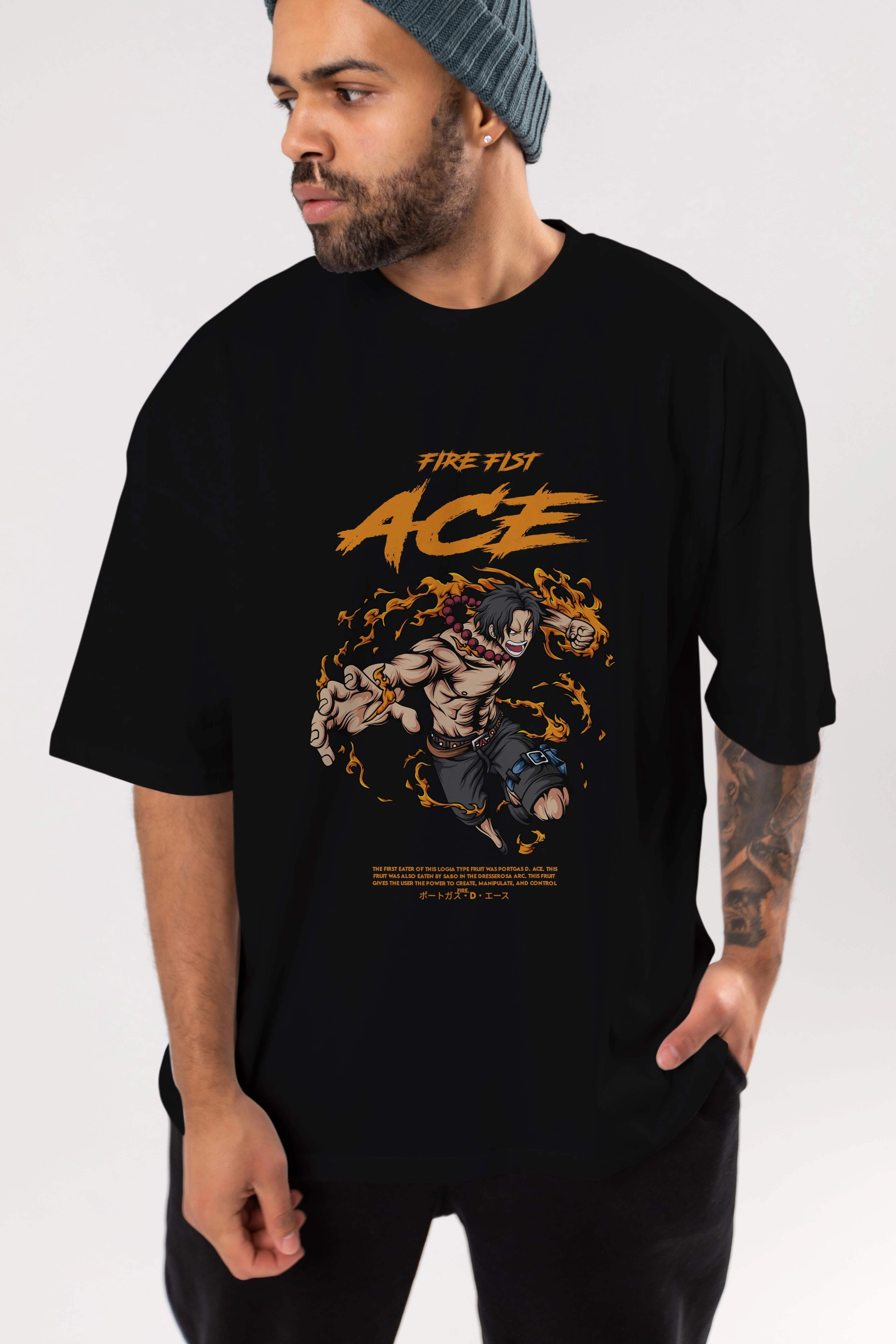Fire Fist Ace Anime Ön Baskılı Oversize t-shirt %100 pamuk Erkek Kadın Unisex