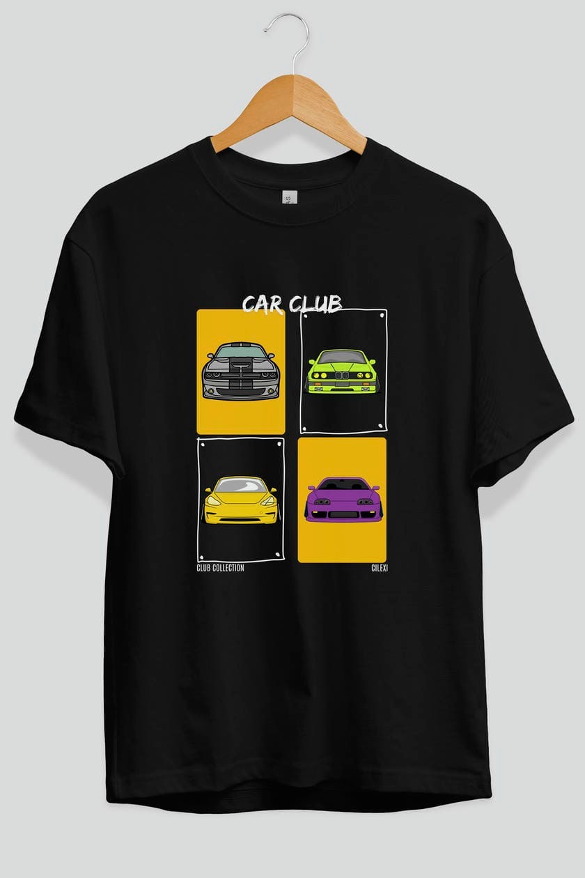 Car Club ön Baskılı Oversize t-shirt Erkek Kadın %100 Pamuk Bisiklet Yaka tişort