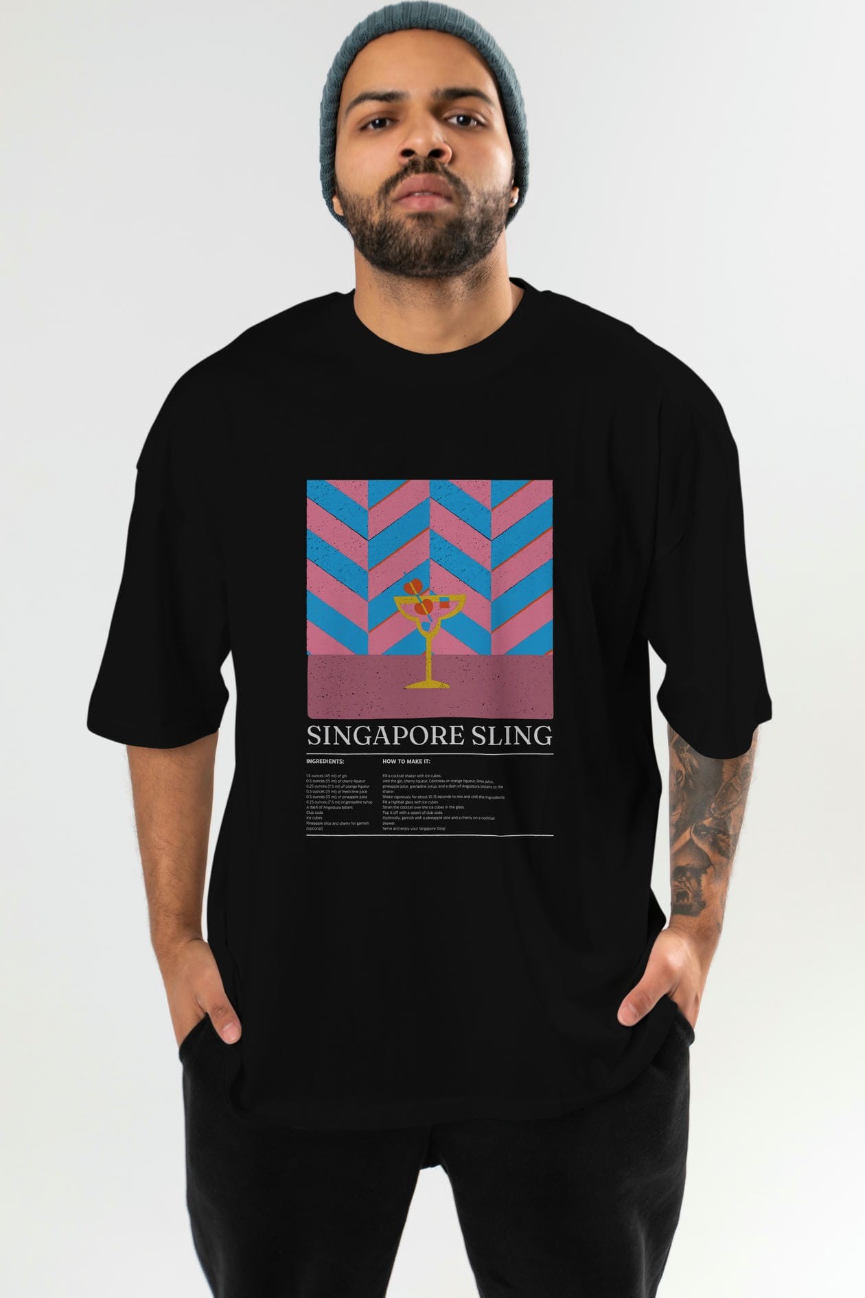 Sıngapore Sling Kokteyl Ön Baskılı Oversize t-shirt Erkek Kadın %100 Pamuk Bisiklet Yaka tişort
