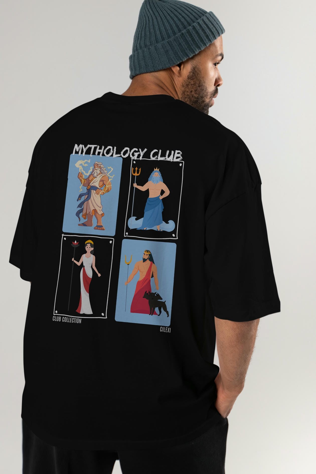Mythology Club 2 Arka Baskılı Oversize t-shirt Erkek Kadın %100 Pamuk Bisiklet Yaka tişort