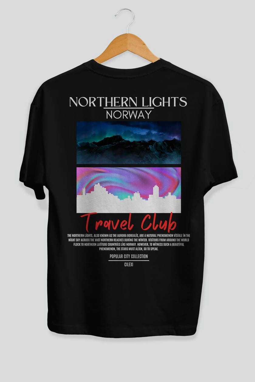 Northern Lights Norway Arka Baskılı Oversize t-shirt Erkek Kadın Pamuk Bisiklet Yaka tişort