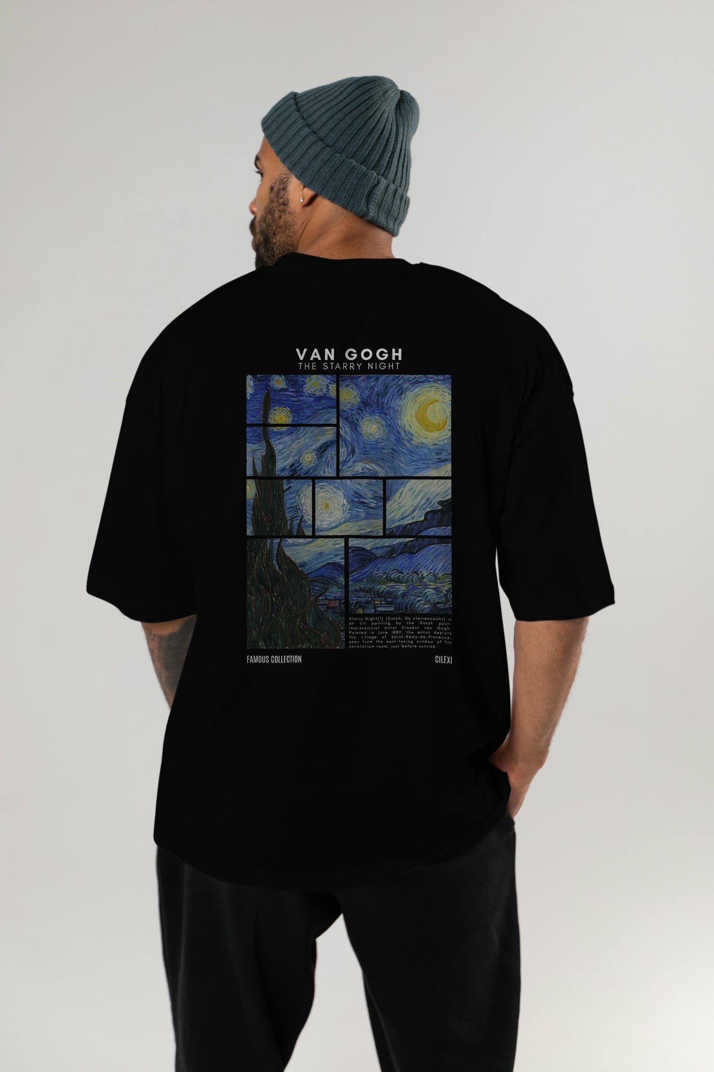 Van Gogh The Starry Night Arka Baskılı Oversize t-shirt Erkek Kadın Bisiklet Yaka Pamuk tişort