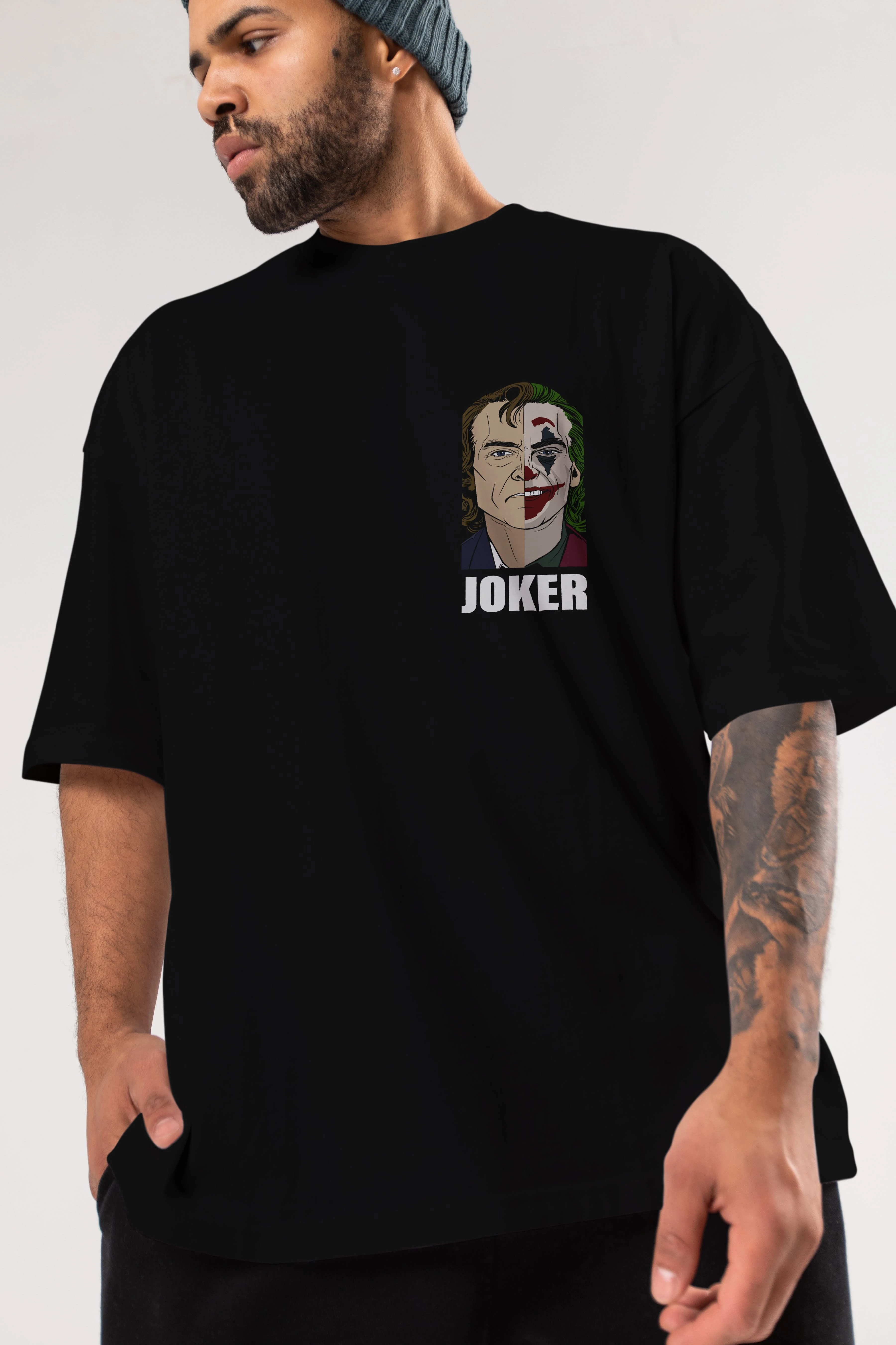 Joker (8) Ön Sol Baskılı Oversize t-shirt Erkek Kadın Unisex %100 Pamuk Bisiklet Yaka tişort