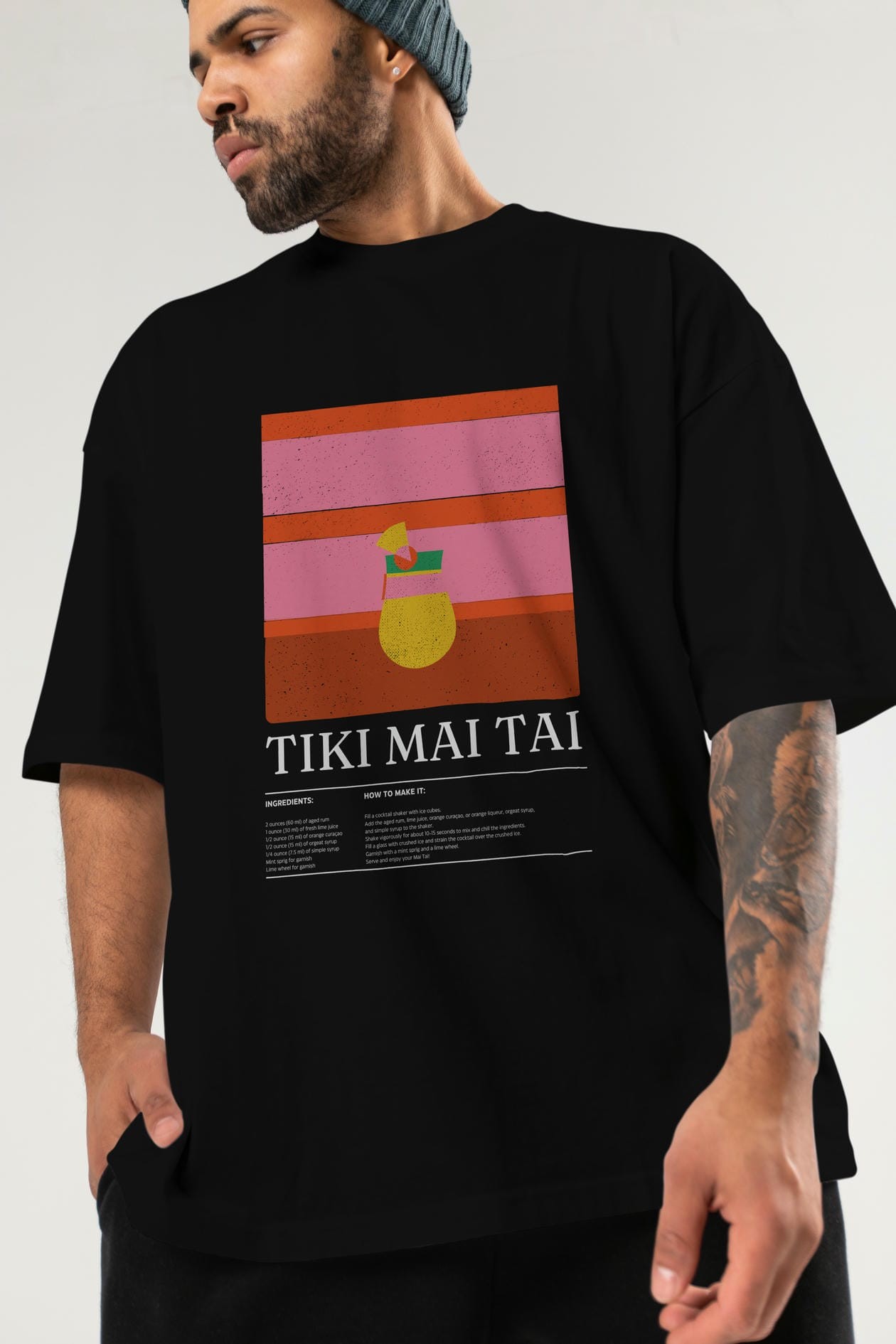 Tiki Mai Tai Kokteyl Ön Baskılı Oversize t-shirt Erkek Kadın %100 Pamuk Bisiklet Yaka tişort