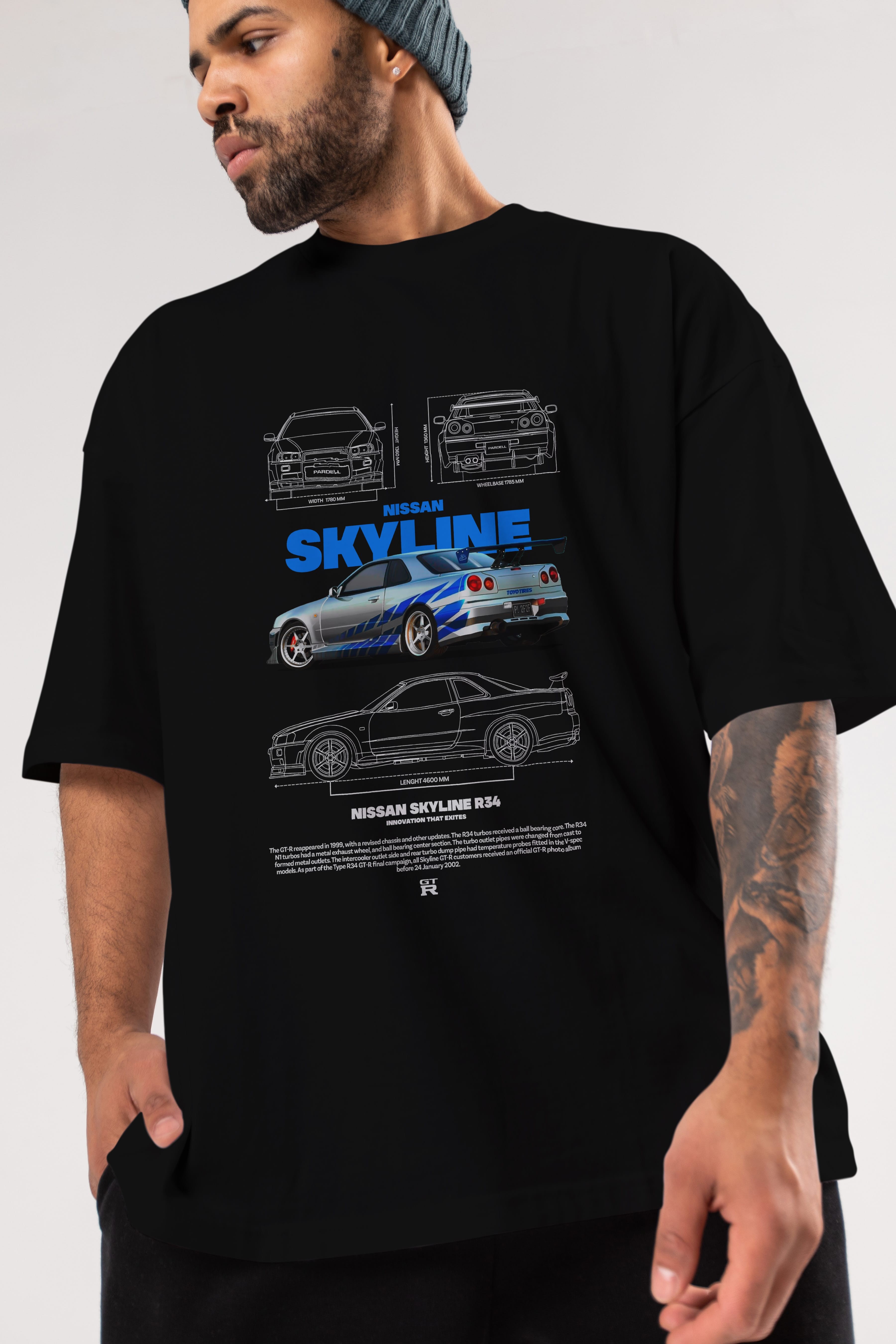 Nissan SKYLINE 34 FAST AND FURIOUS Ön Baskılı Oversize t-shirt Erkek Kadın Unisex %100 Pamuk Bisiklet Yaka tişort