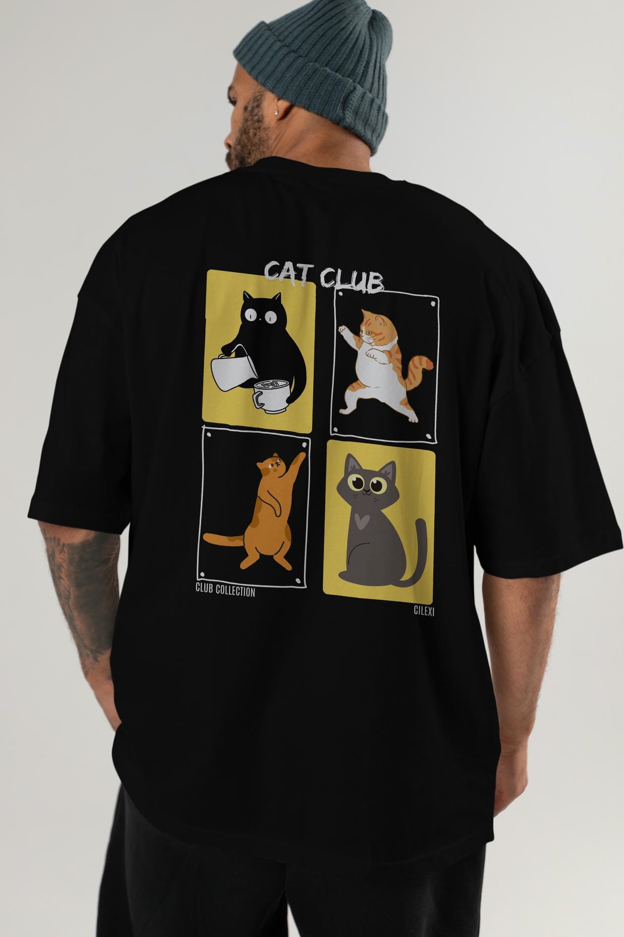 Cat Club Arka Baskılı Oversize t-shirt Erkek Kadın %100 Pamuk Bisiklet Yaka tişort