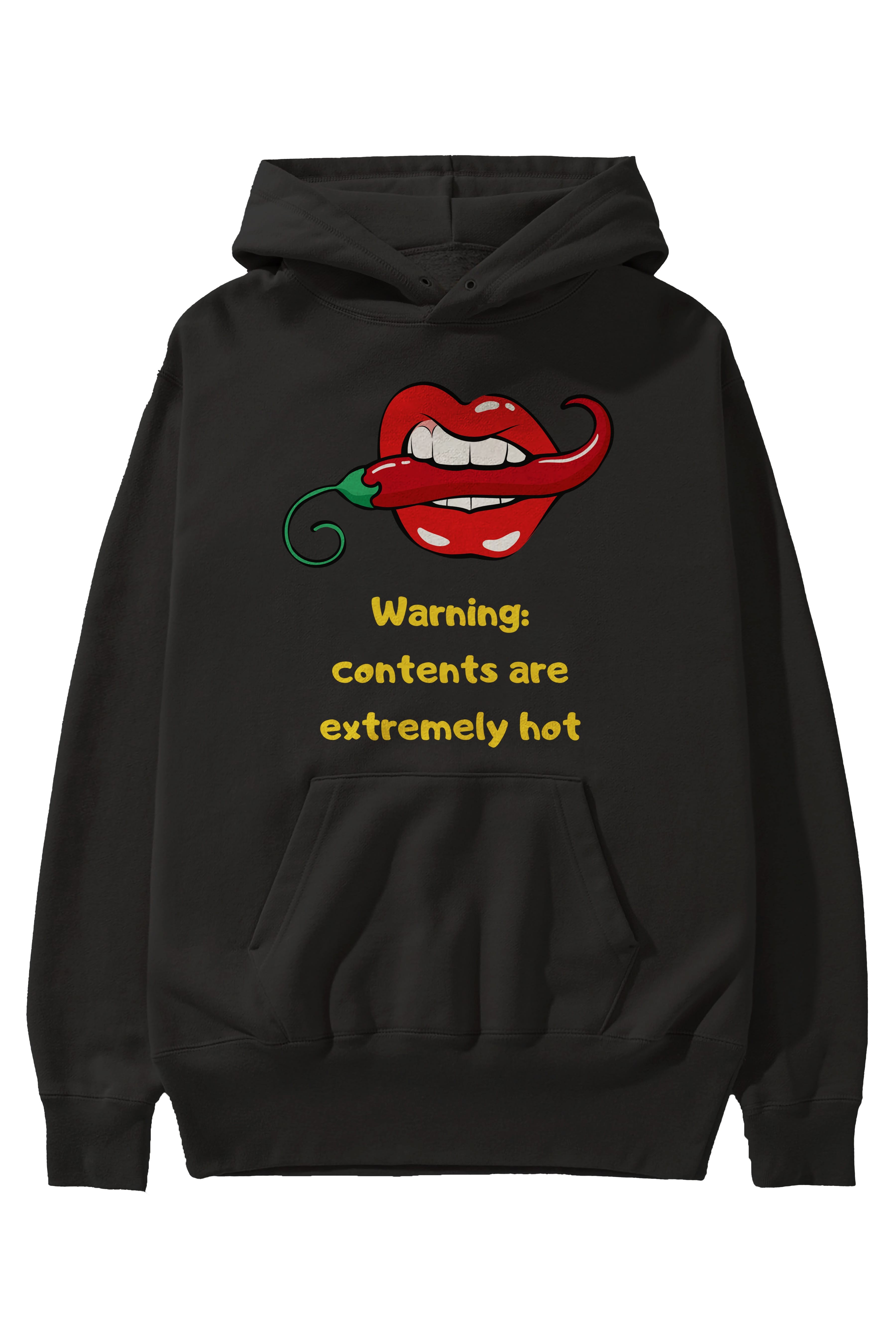 Warning Contents Yazılı Ön Baskılı Oversize Hoodie Kapüşonlu Sweatshirt Erkek Kadın Unisex