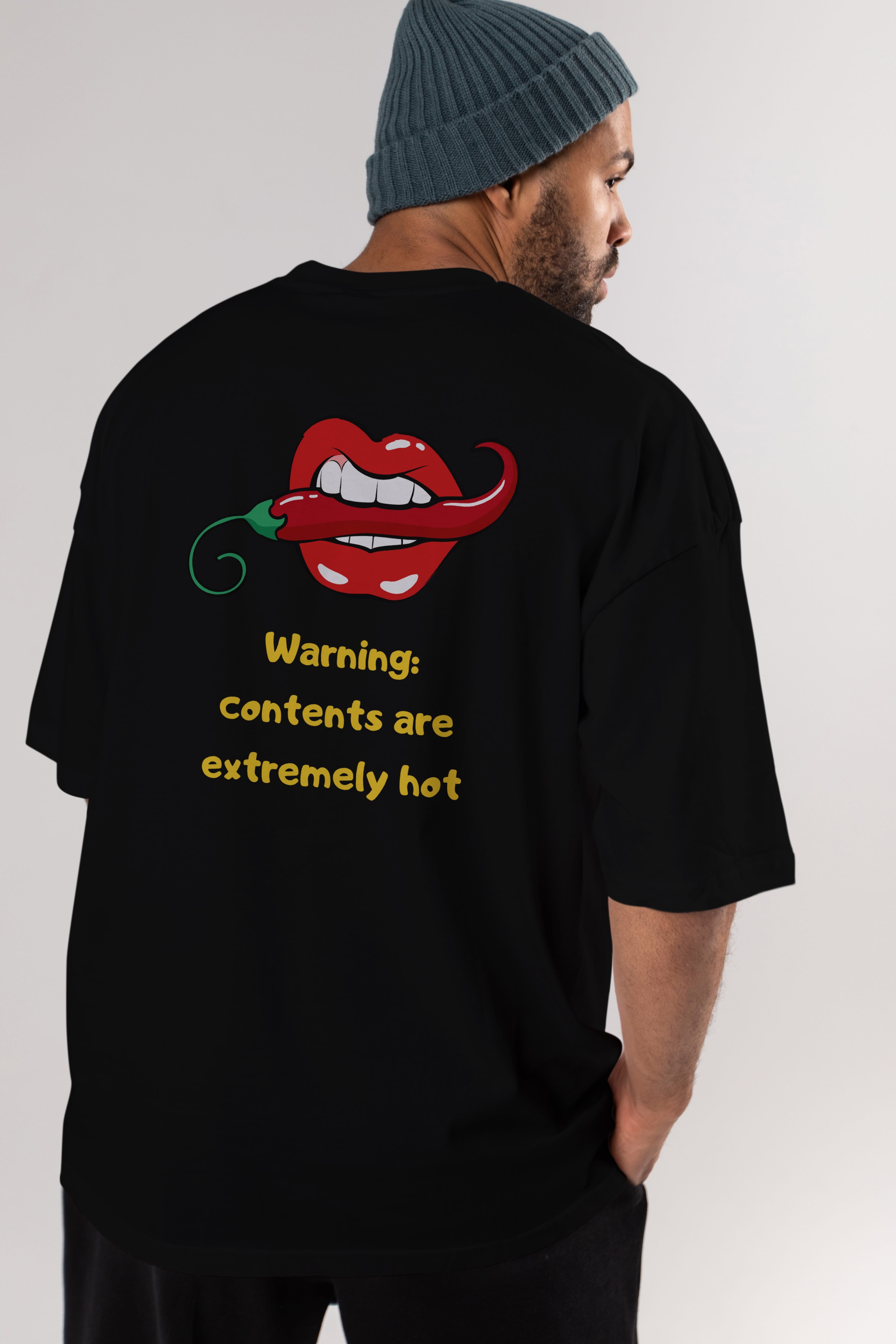 Warning Contents Yazılı Arka Baskılı Oversize t-shirt Erkek Kadın Unisex