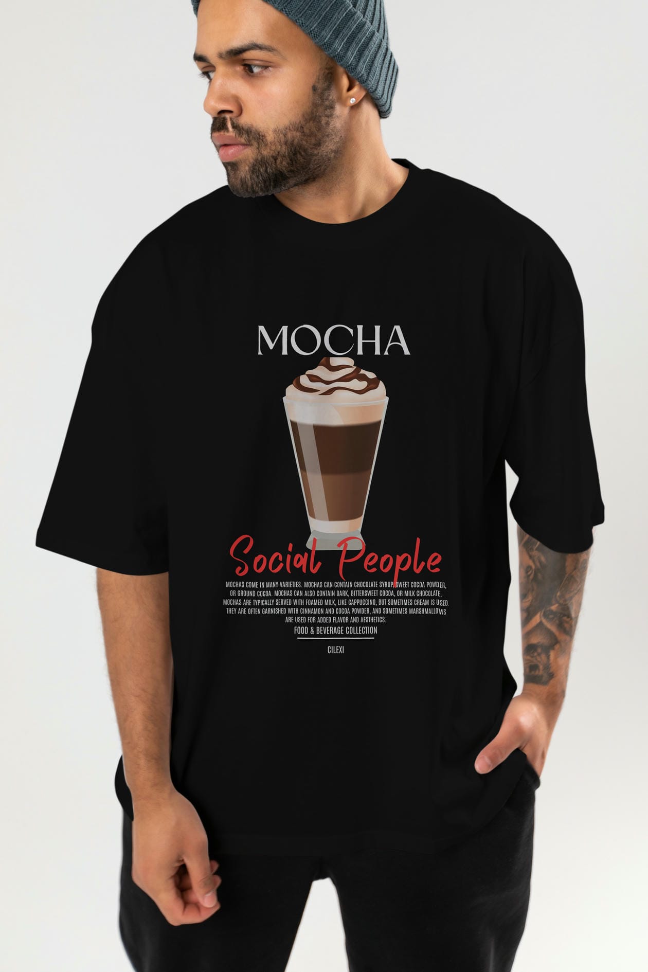 Mocha Kokteyl Serisi ön Baskılı Oversize t-shirt Erkek Kadın %100 Pamuk Bisiklet Yaka tişort