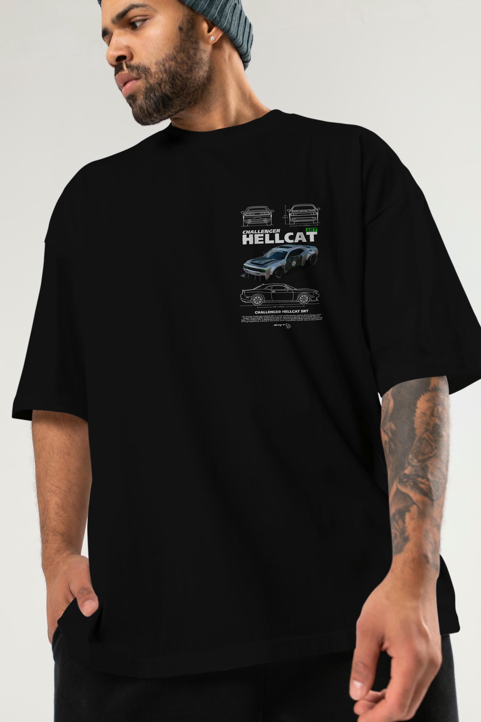 Challenger Hellcat SRT Ön Sol Baskılı Oversize t-shirt Erkek Kadın Unisex %100 Pamuk Bisiklet Yaka tişort