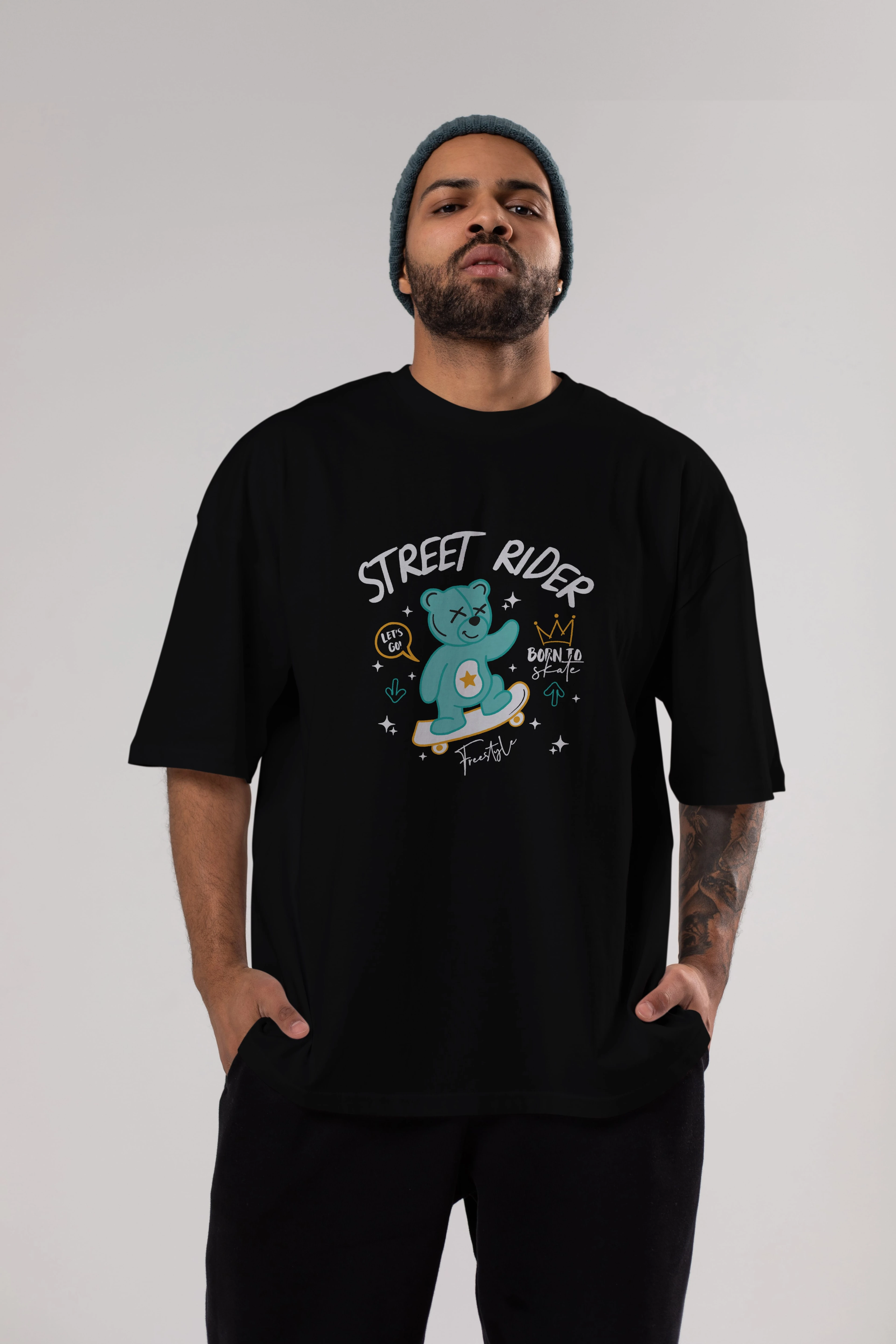 Street Rider Bear Ön Baskılı Oversize t-shirt Erkek Kadın Unisex