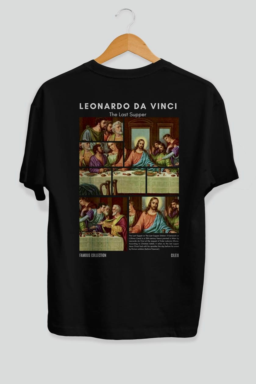 Leonardo Da Vinci Arka Baskılı Oversize t-shirt Erkek Kadın Bisiklet Yaka Pamuk tişort