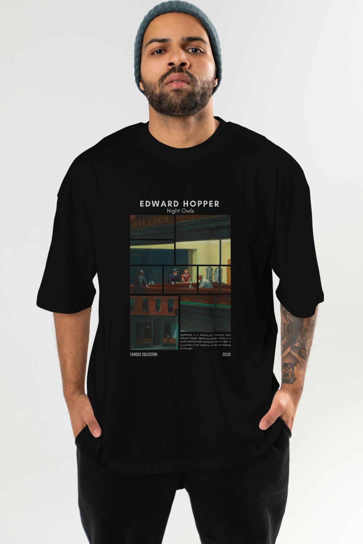 Edward Hopper Night Owls ön Baskılı Oversize t-shirt Erkek Kadın Bisiklet Yaka Pamuk tişort