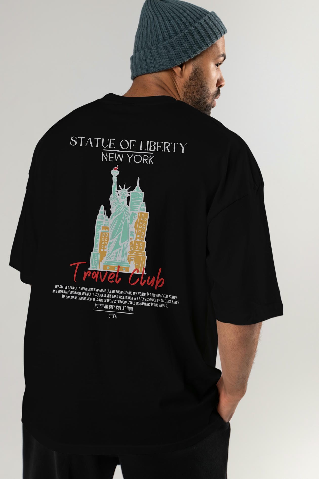 Statue Of Liberty New York Arka Baskılı Oversize t-shirt Erkek Kadın Pamuk Bisiklet Yaka tişort